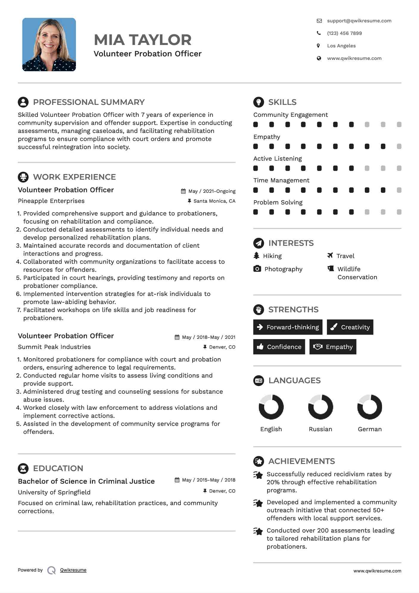 Volunteer Probation Officer Resume Sample