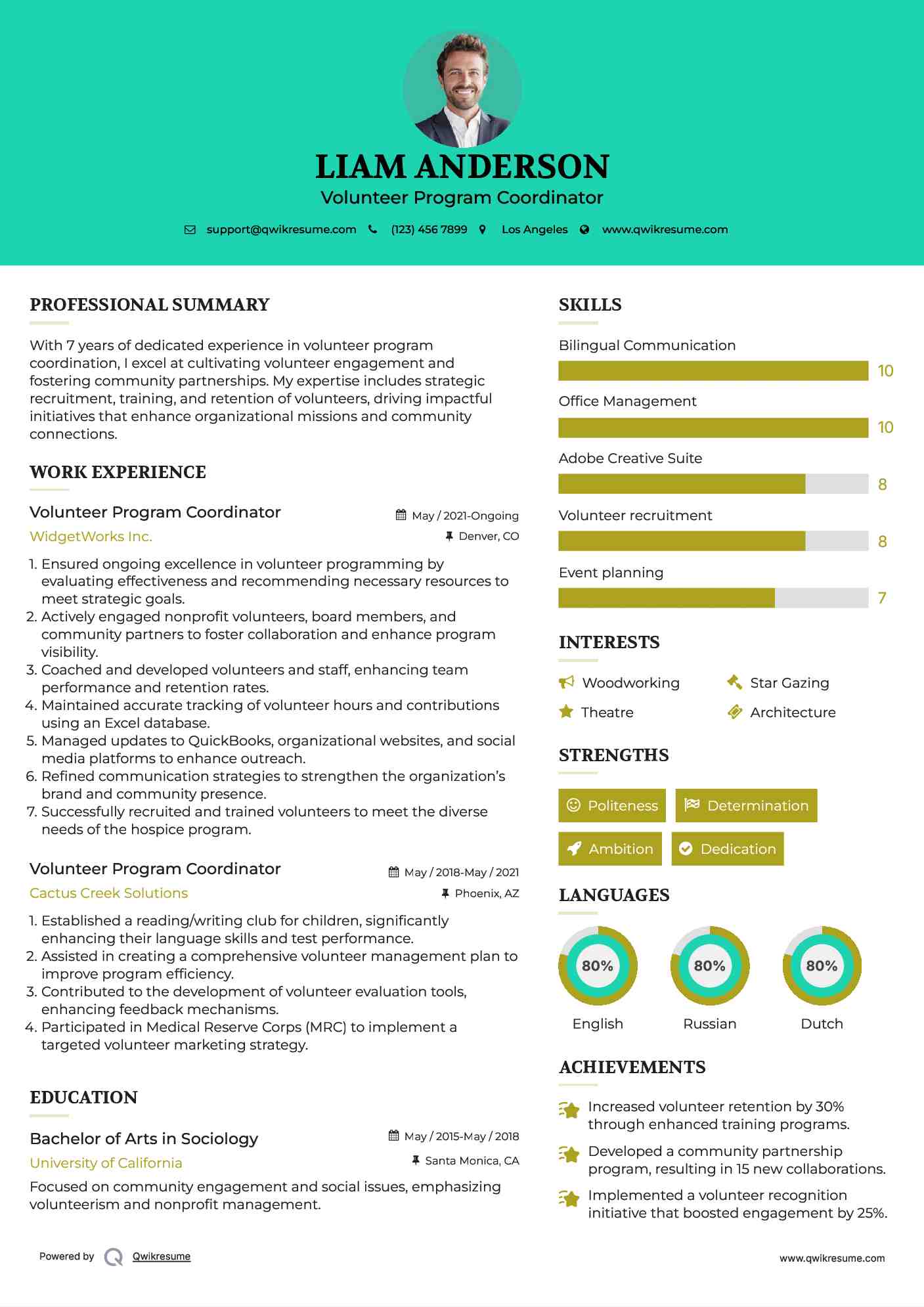 Volunteer Program Coordinator Resume Example