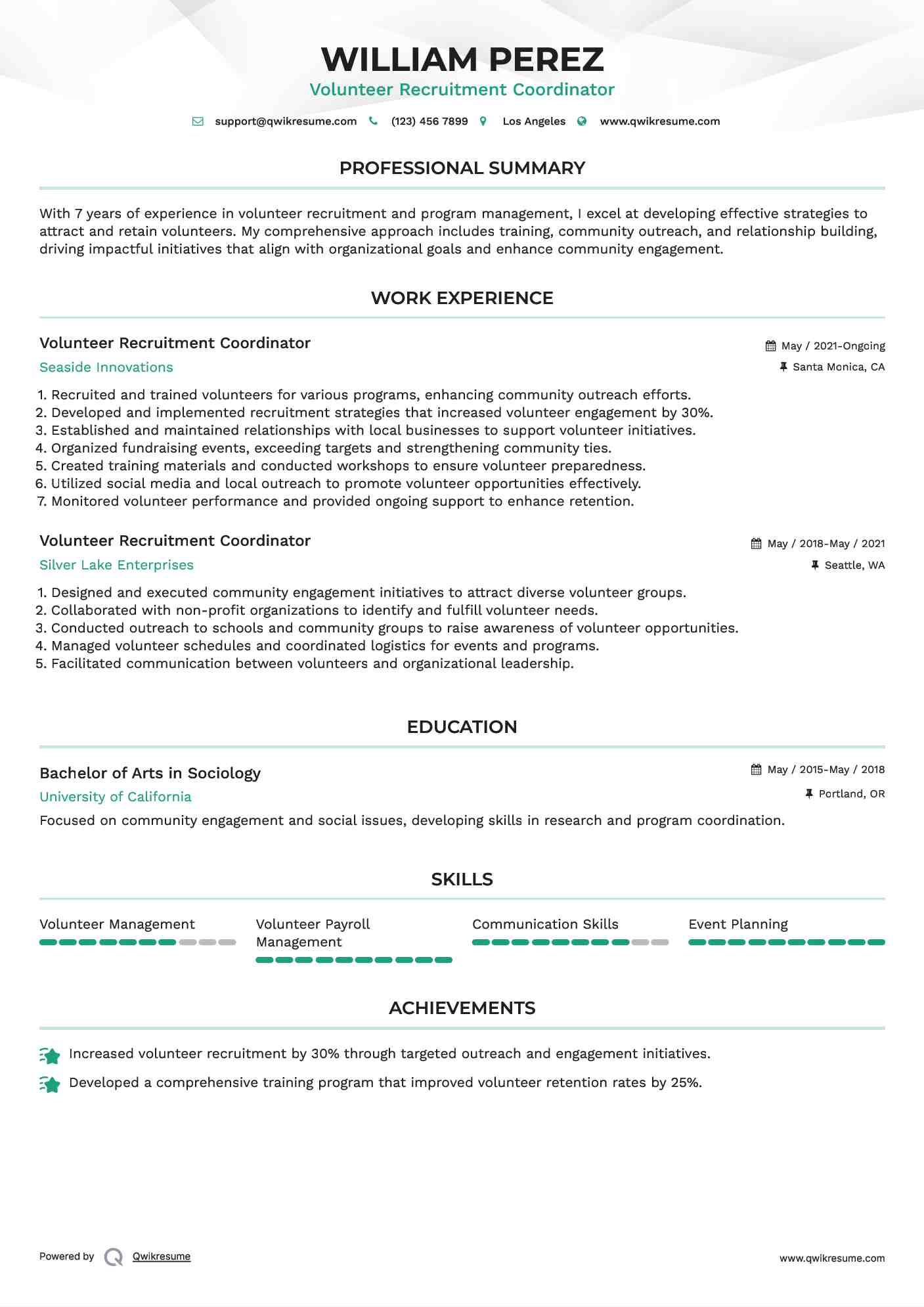 Volunteer Recruitment Coordinator Resume Model