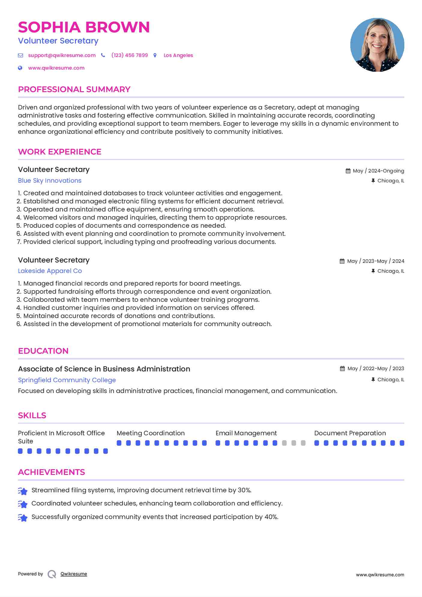 Volunteer Secretary Resume Format