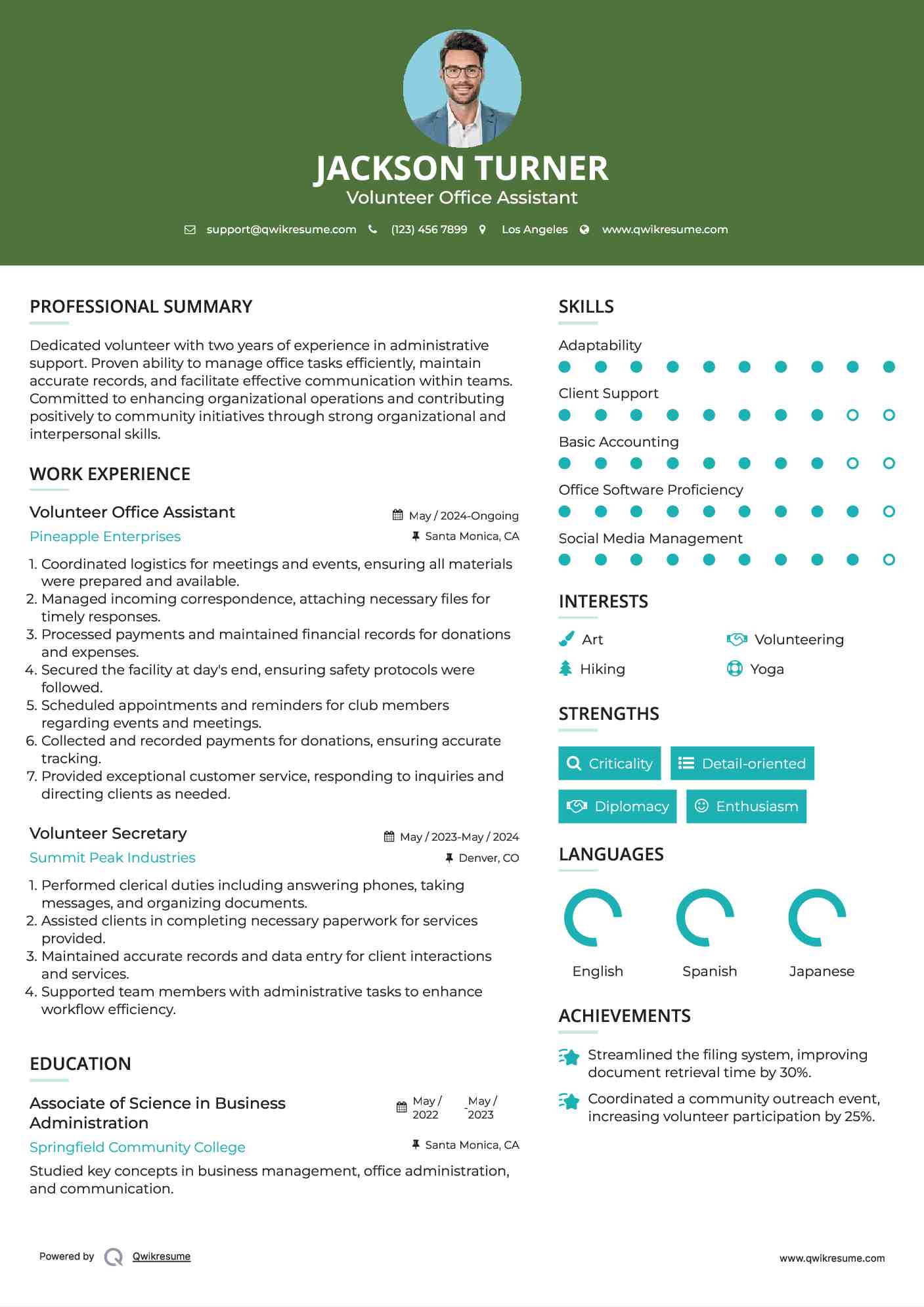 Volunteer Office Assistant Resume Model