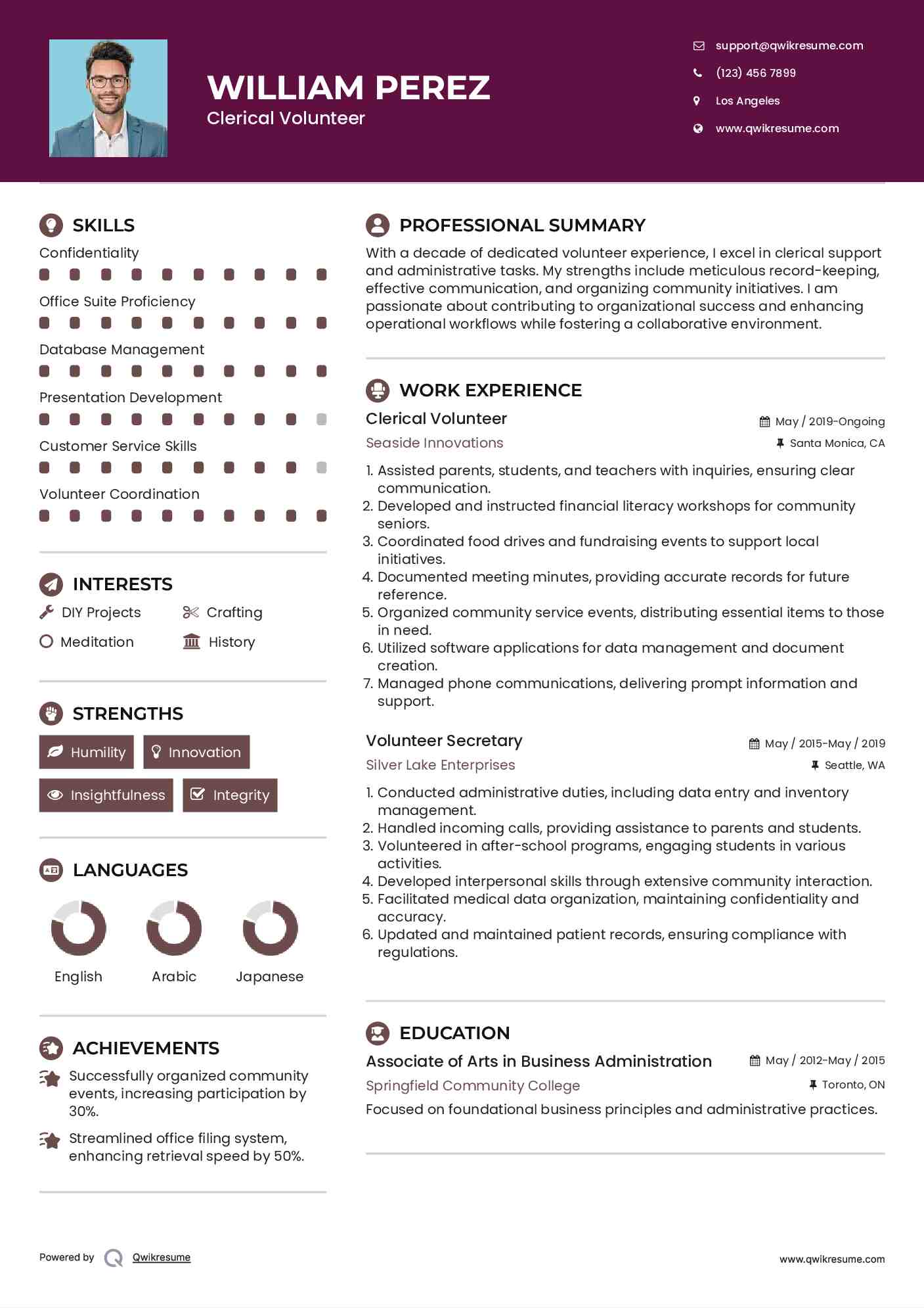 Clerical Volunteer Resume Sample