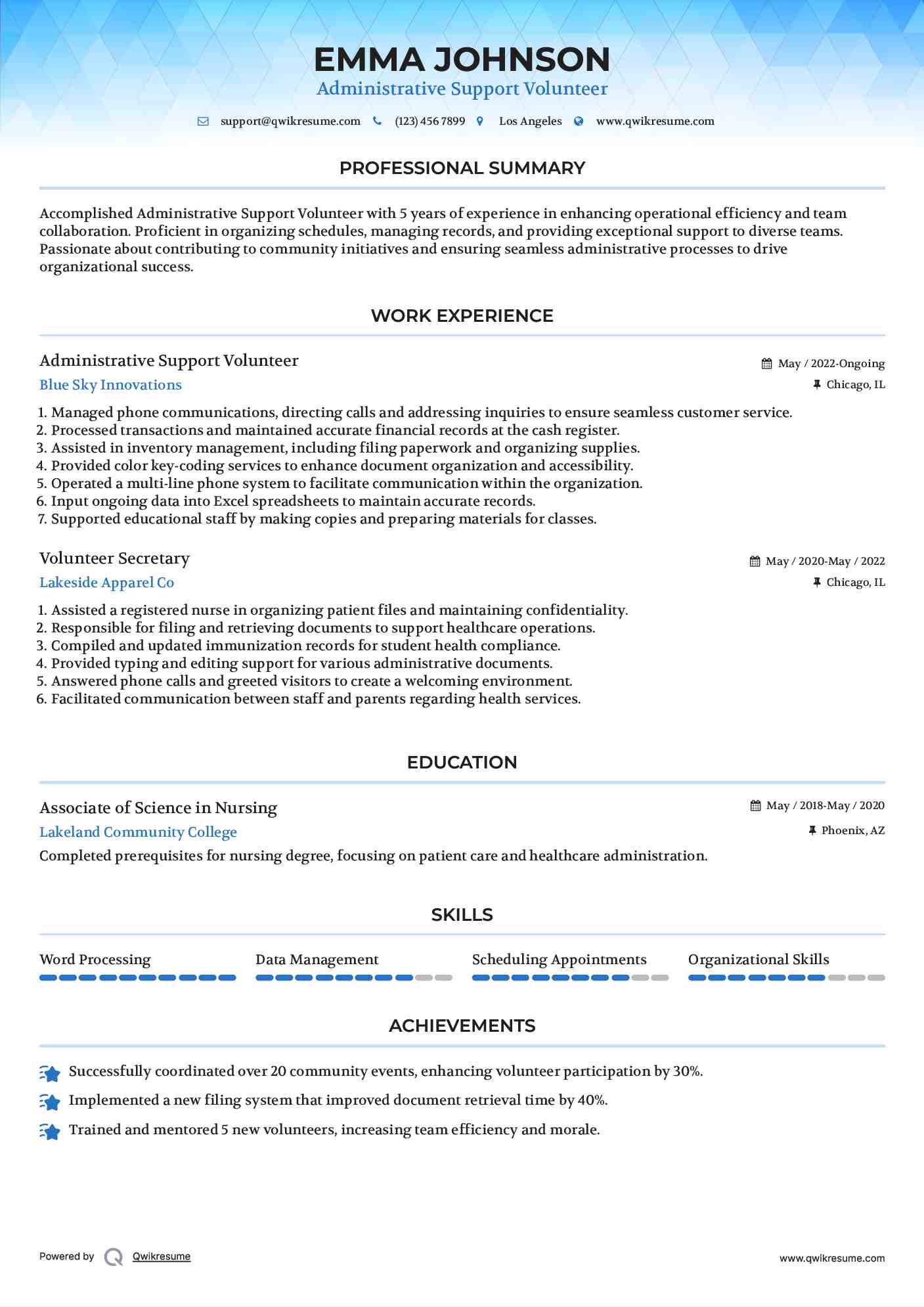 Administrative Support Volunteer Resume Sample