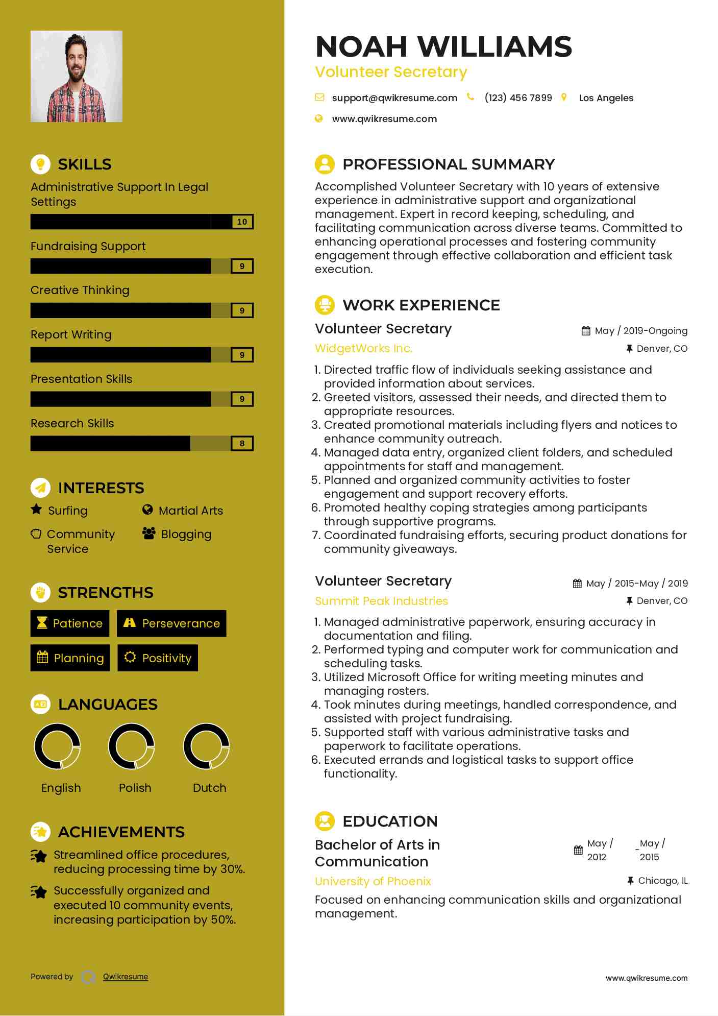 Volunteer Secretary Resume Model
