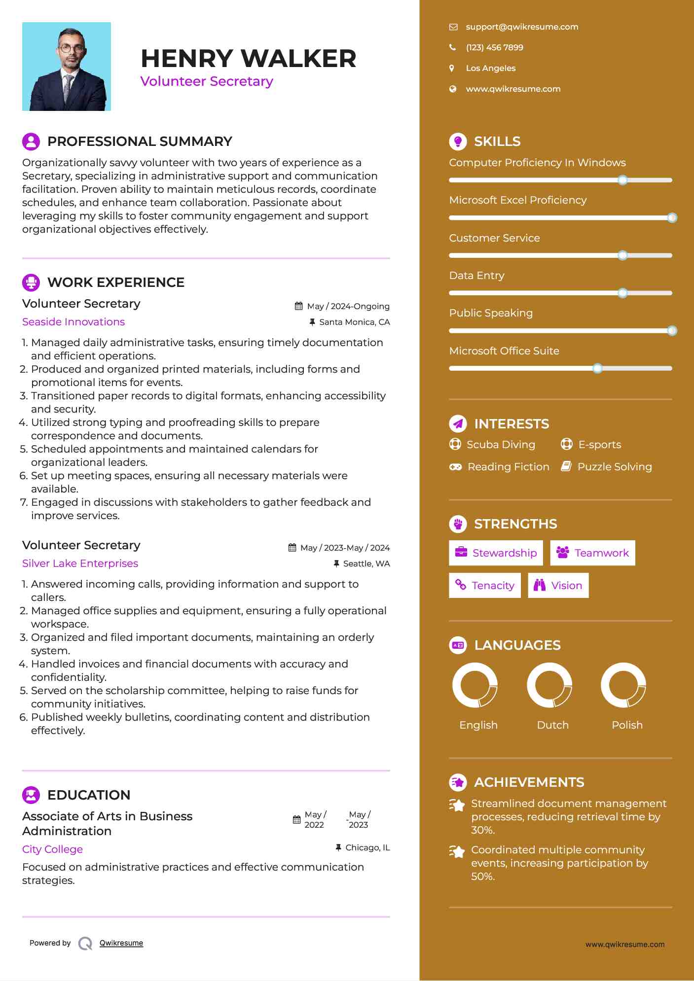 Volunteer Secretary Resume Template