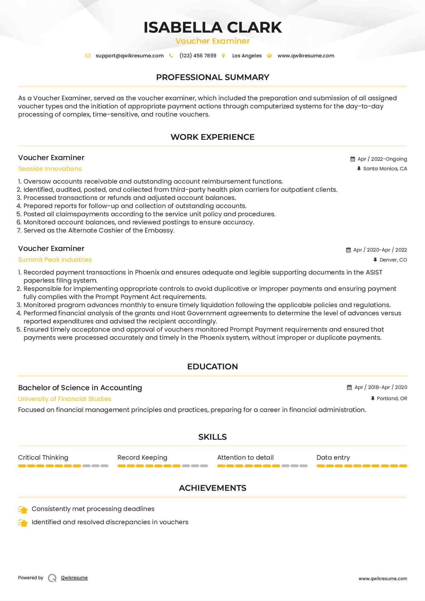 Voucher Examiner Resume Template