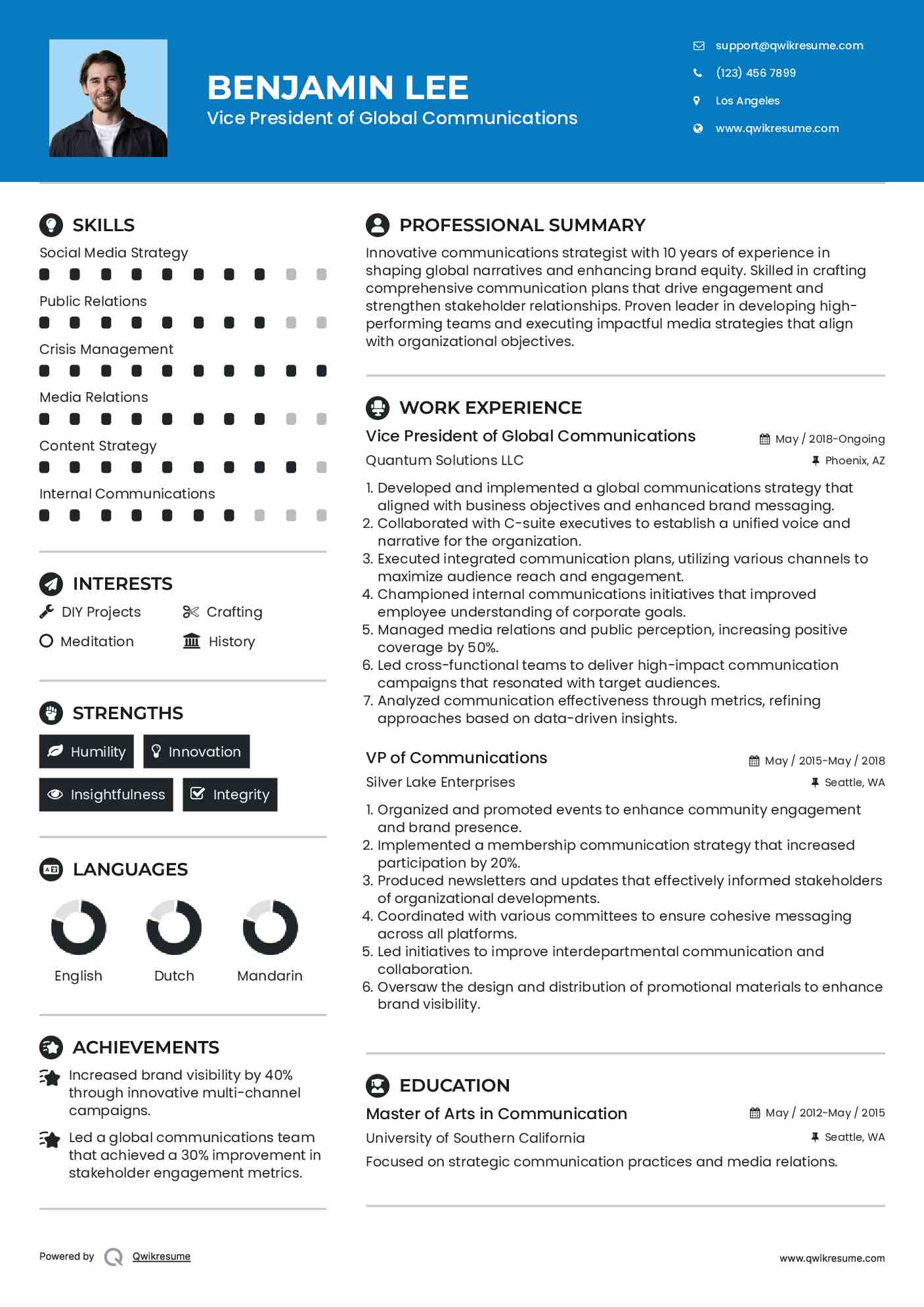 Vice President of Global Communications Resume Example
