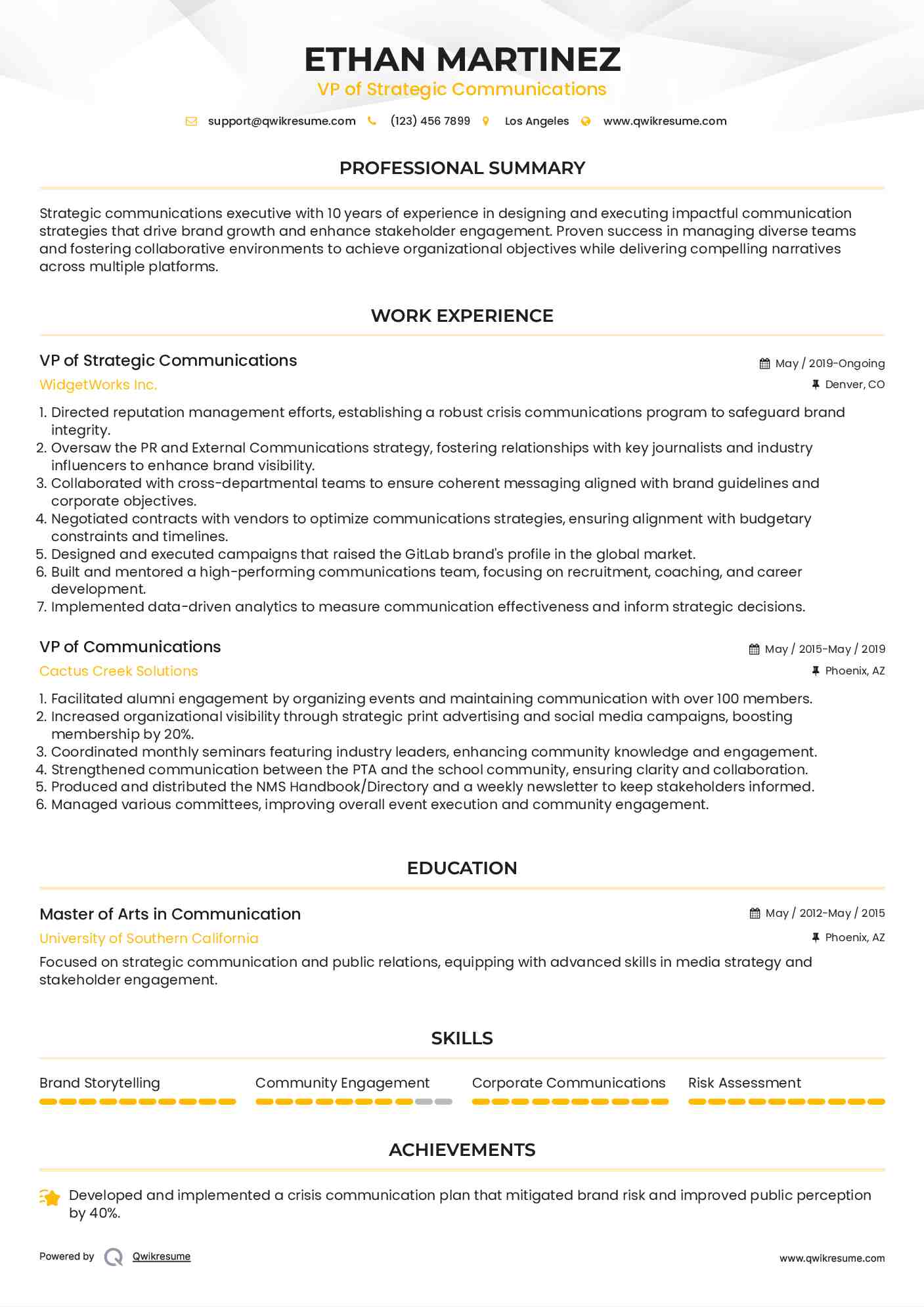 VP of Strategic Communications Resume Sample