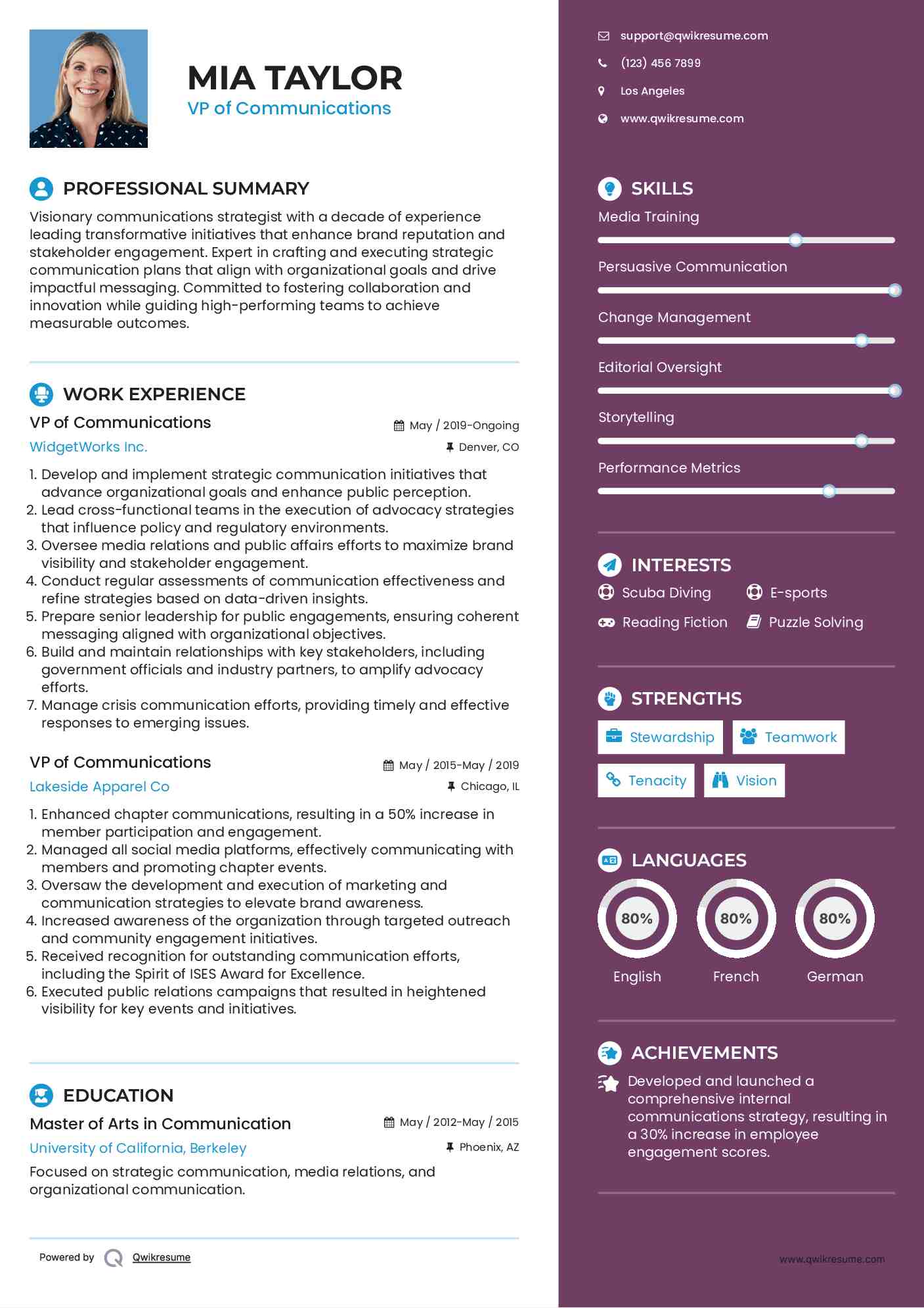 VP of Communications Resume Example