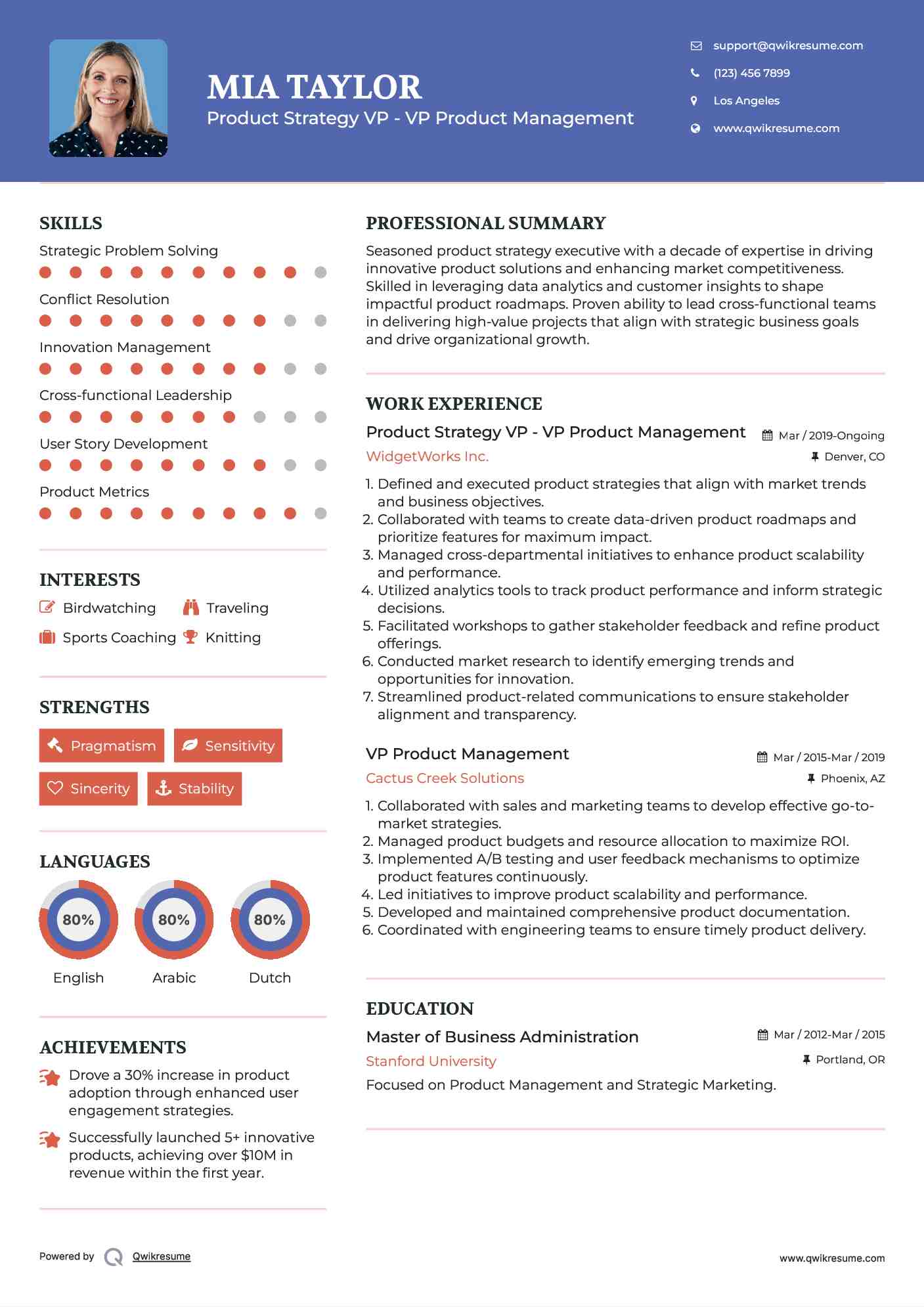 Product Strategy VP - VP Product Management Resume Sample