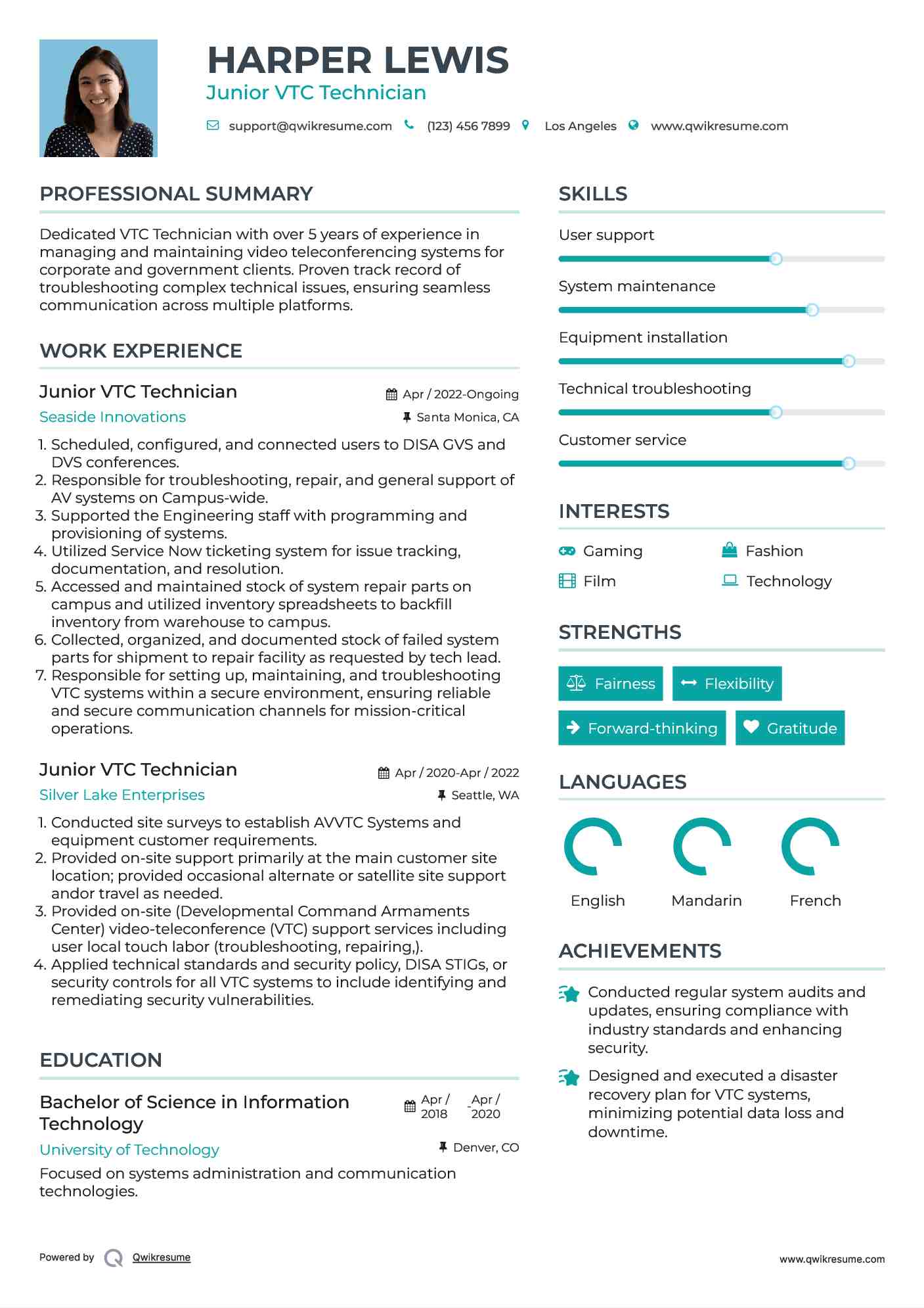 Junior VTC Technician Resume Format