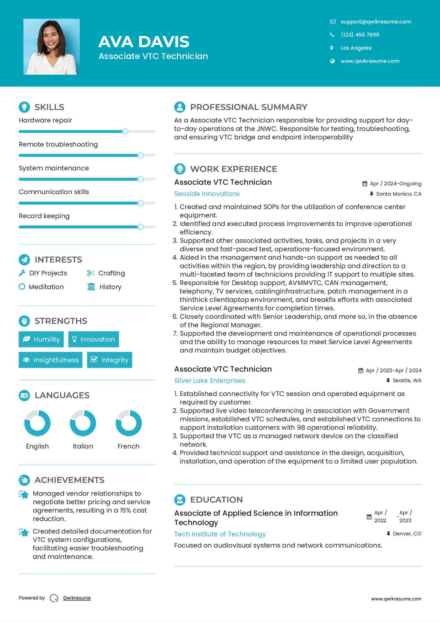 Associate VTC Technician Resume Model