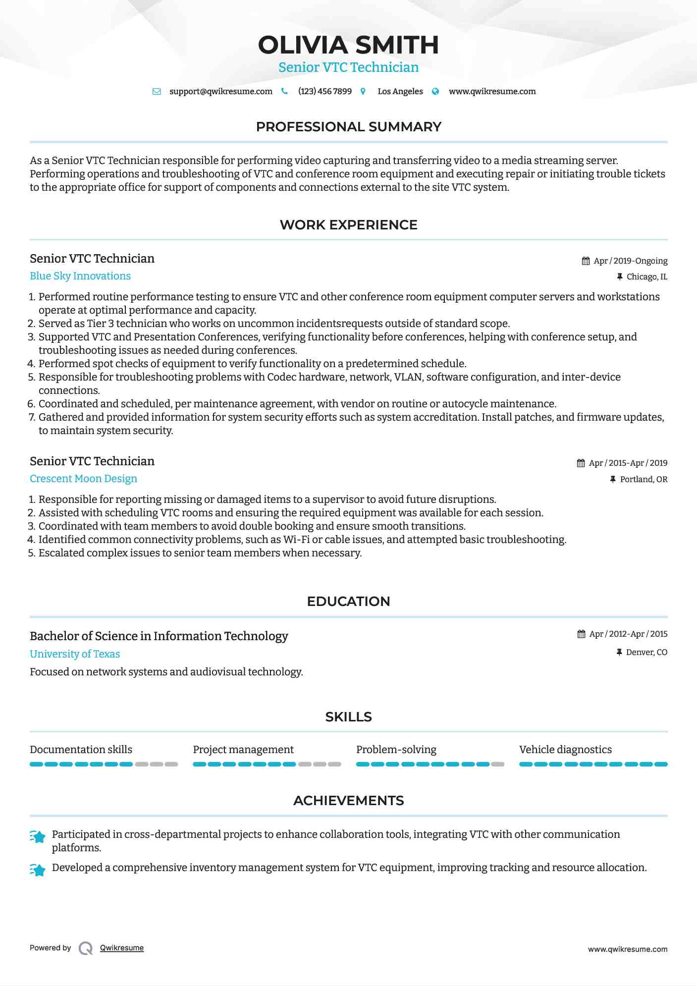 Senior VTC Technician Resume Example