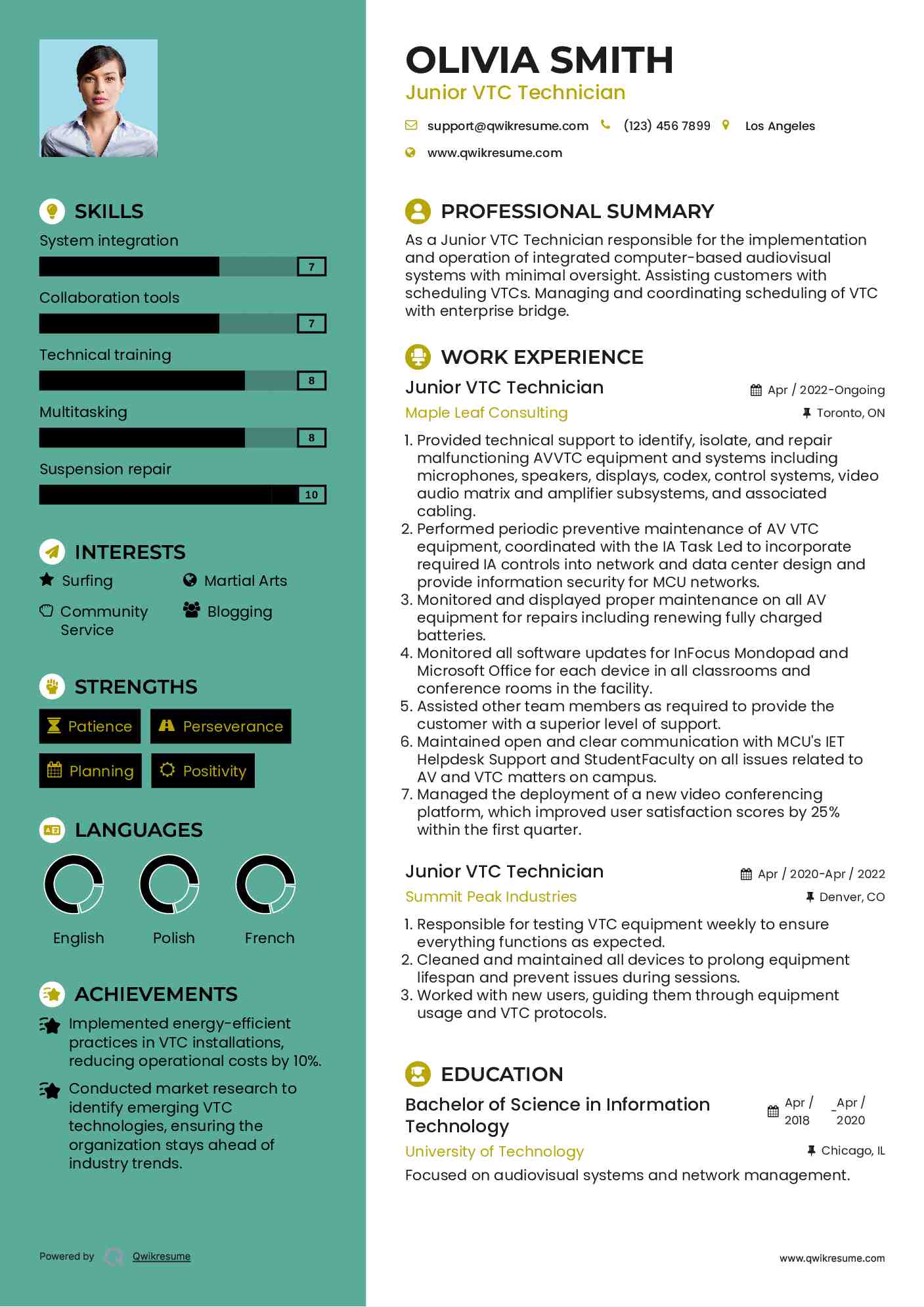 Junior VTC Technician Resume Sample