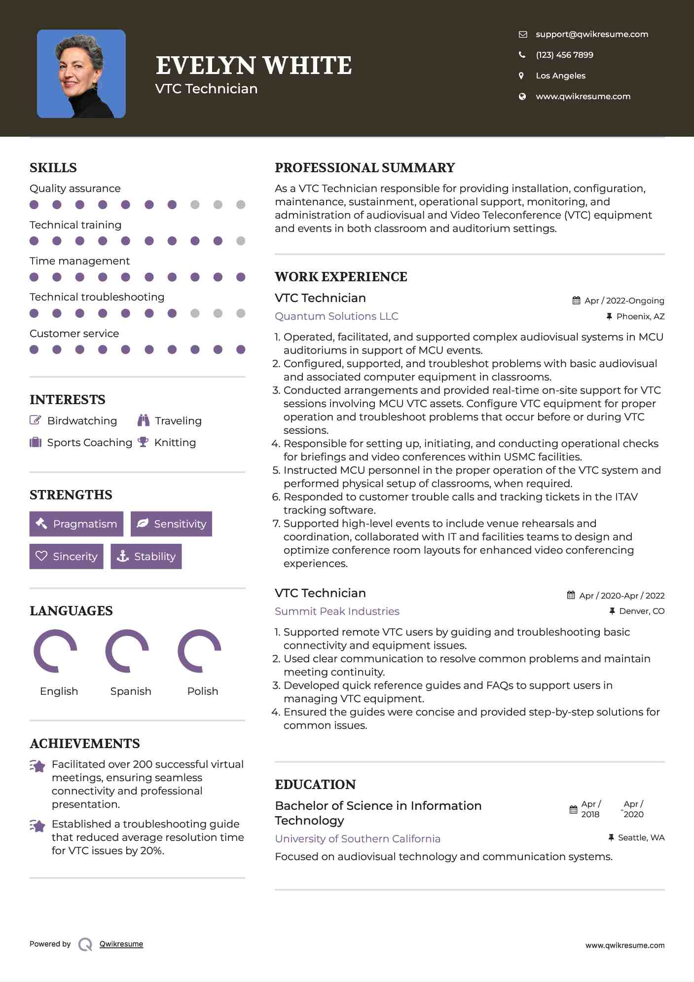 VTC Technician Resume Example