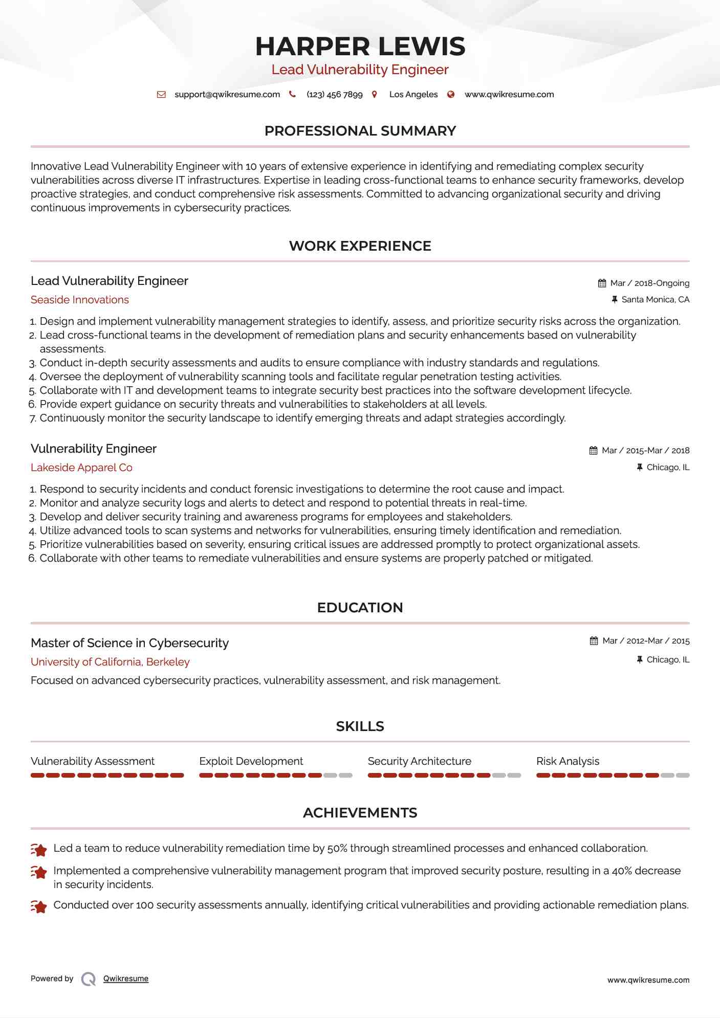 Lead Vulnerability Engineer Resume Format
