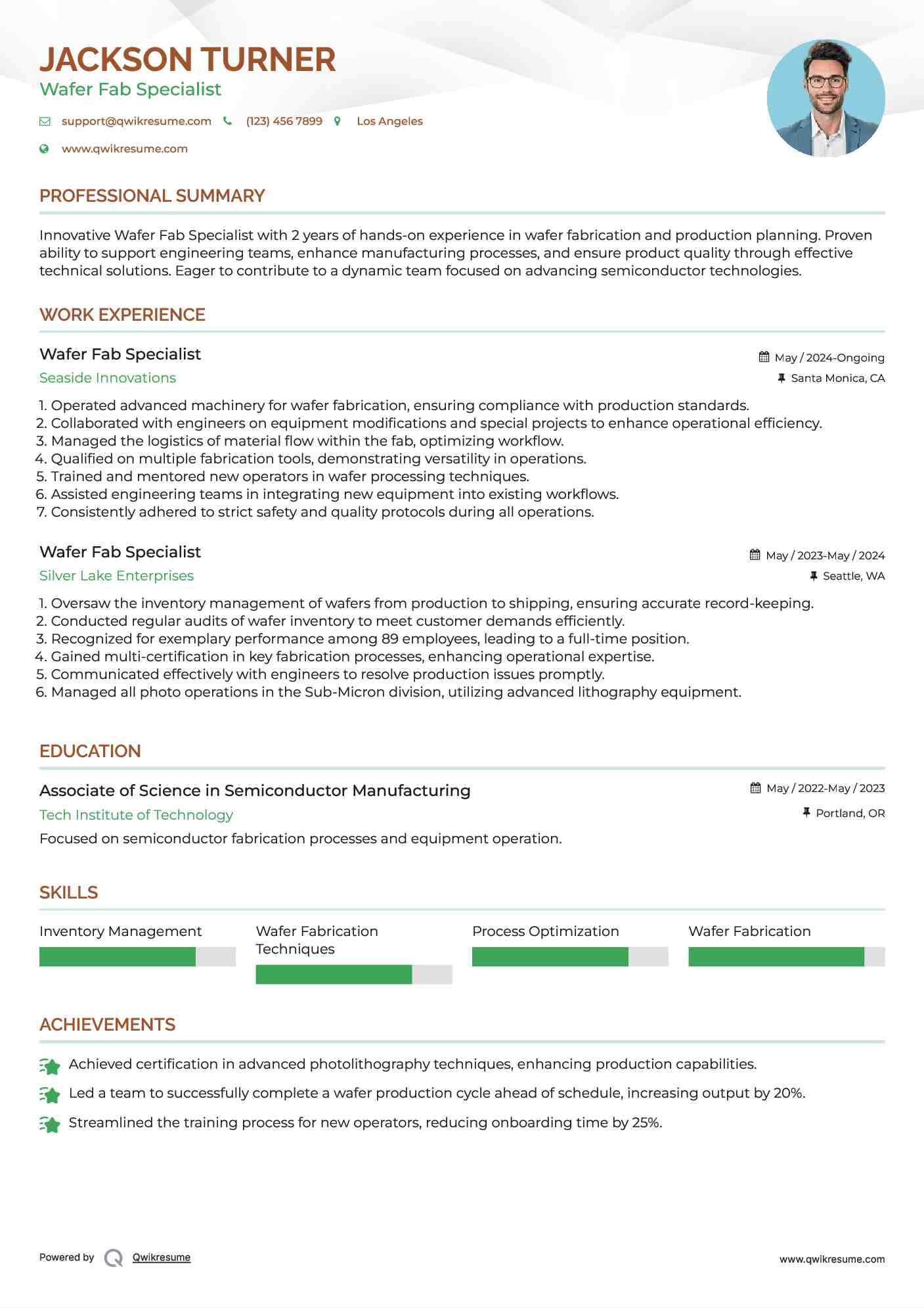 Wafer Fab Specialist Resume Example