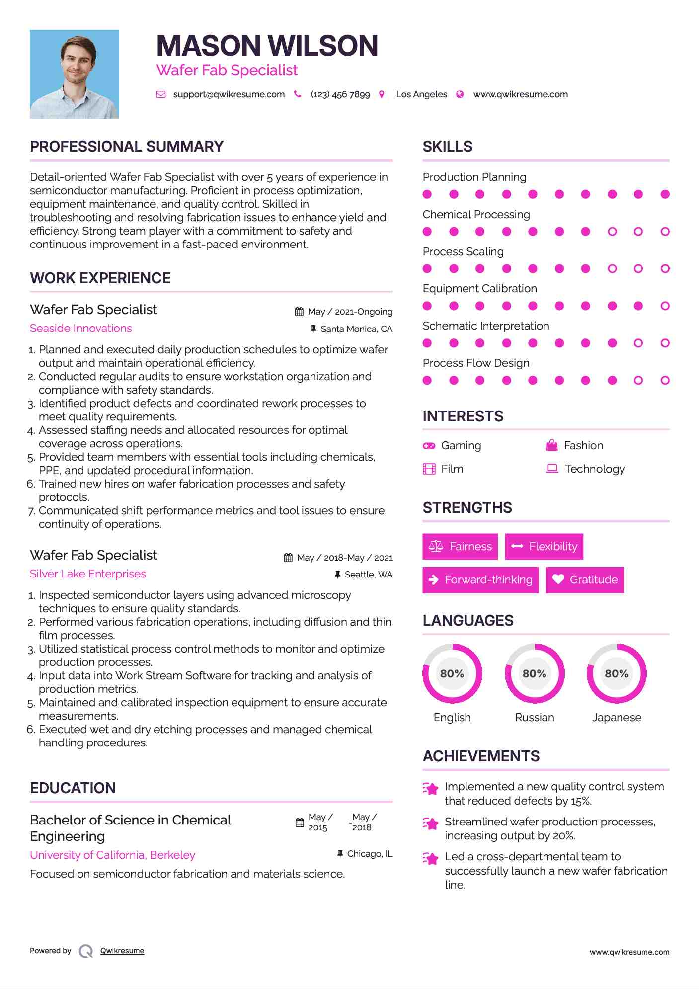 Wafer Fab Specialist Resume Model