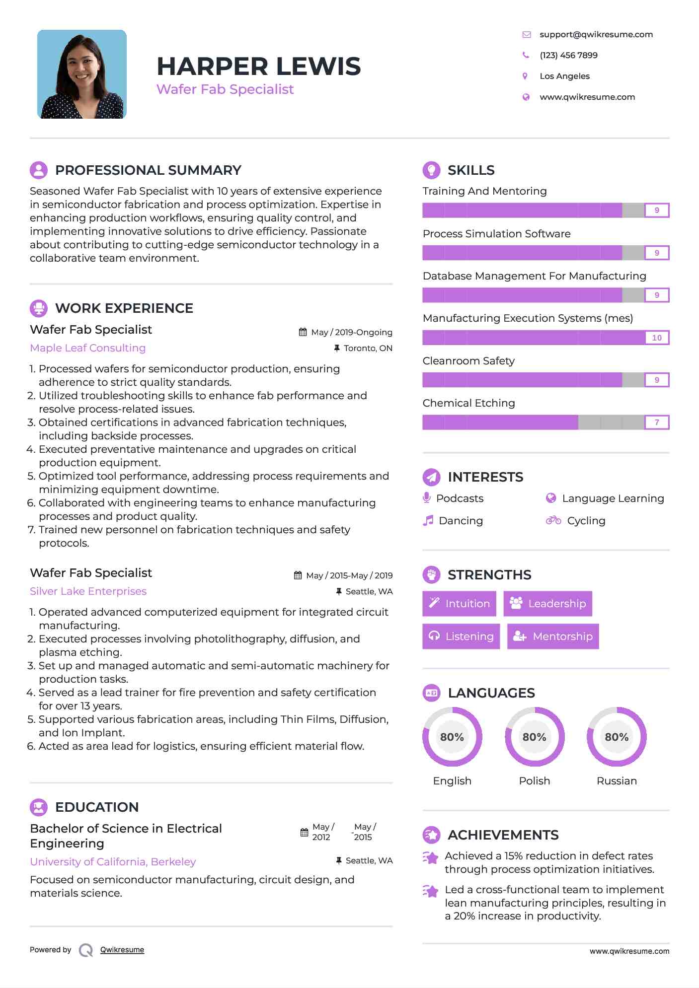 Wafer Fab Specialist Resume Sample