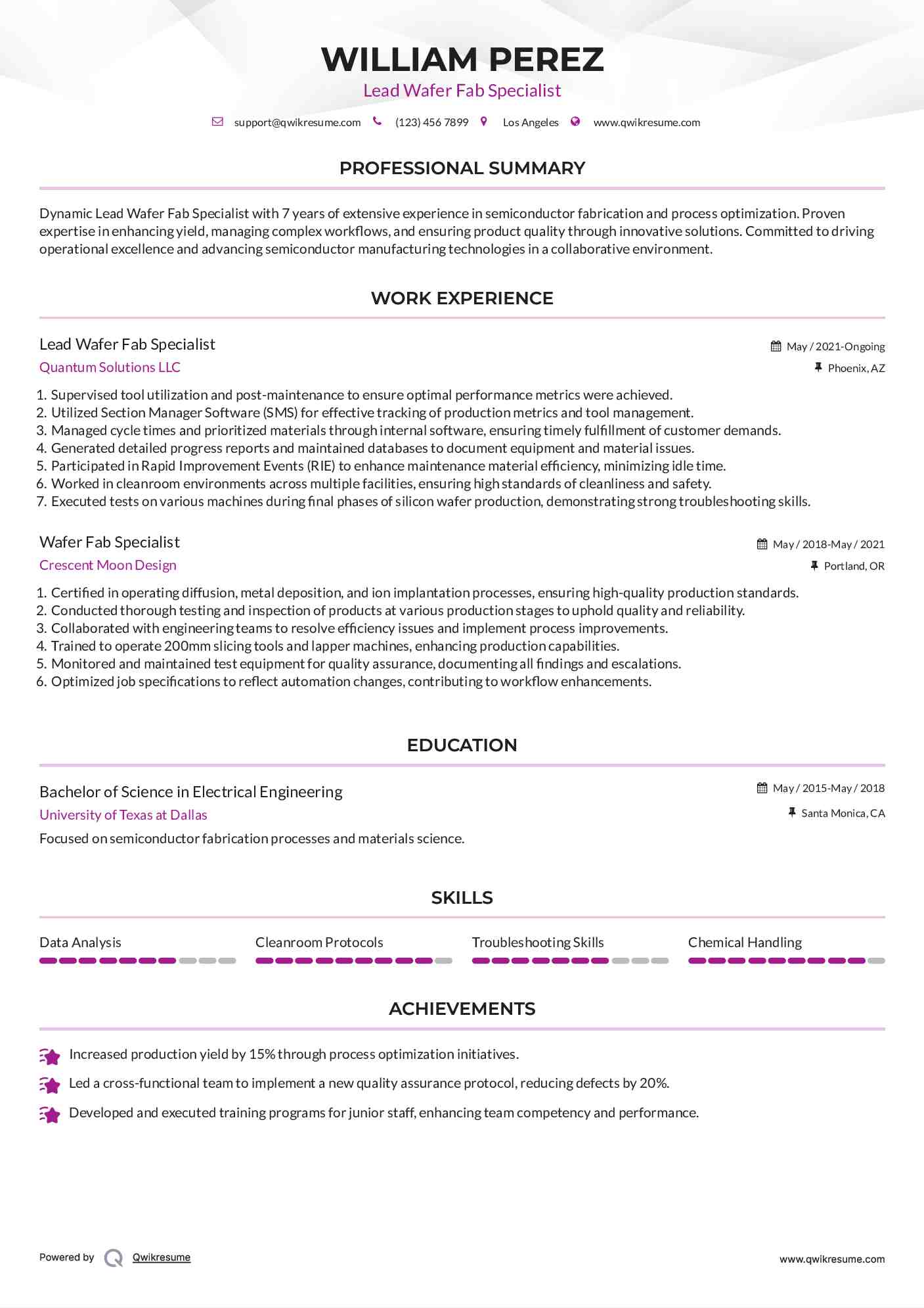 Lead Wafer Fab Specialist Resume Sample