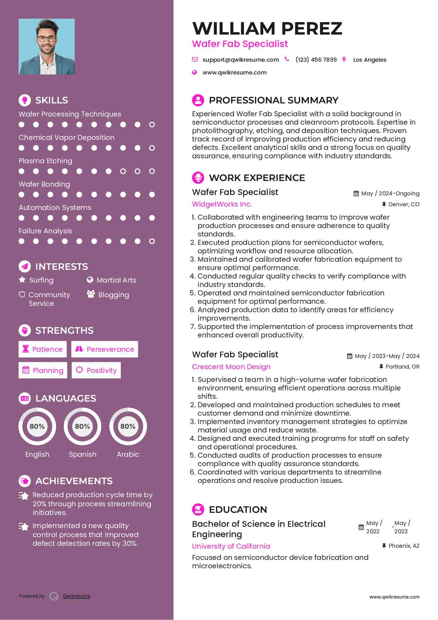 Wafer Fab Specialist Resume Sample