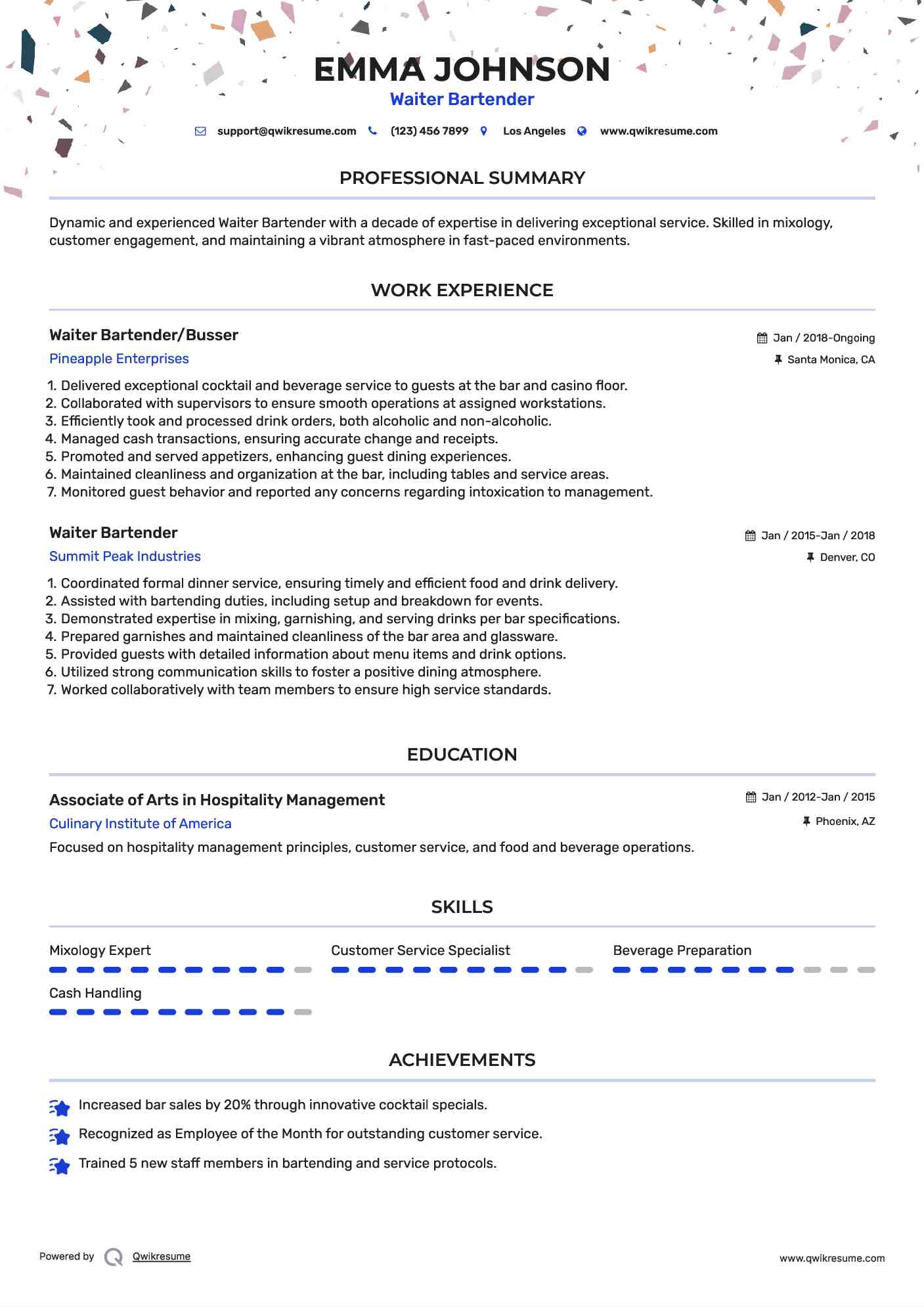 Waiter Bartender/Busser Resume Template