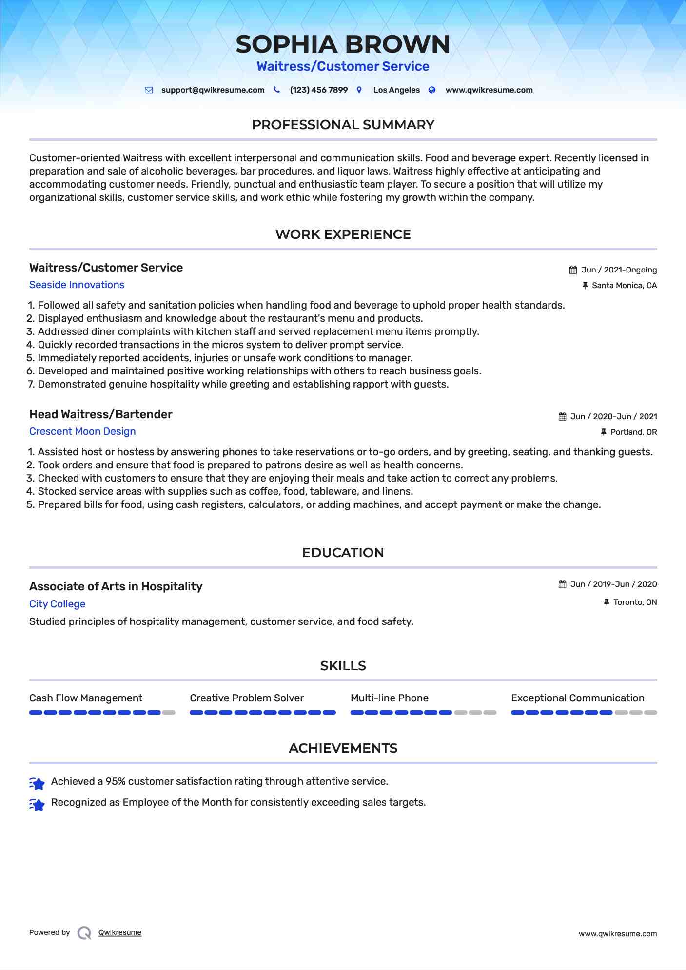 Waitress/Customer Service Resume Example