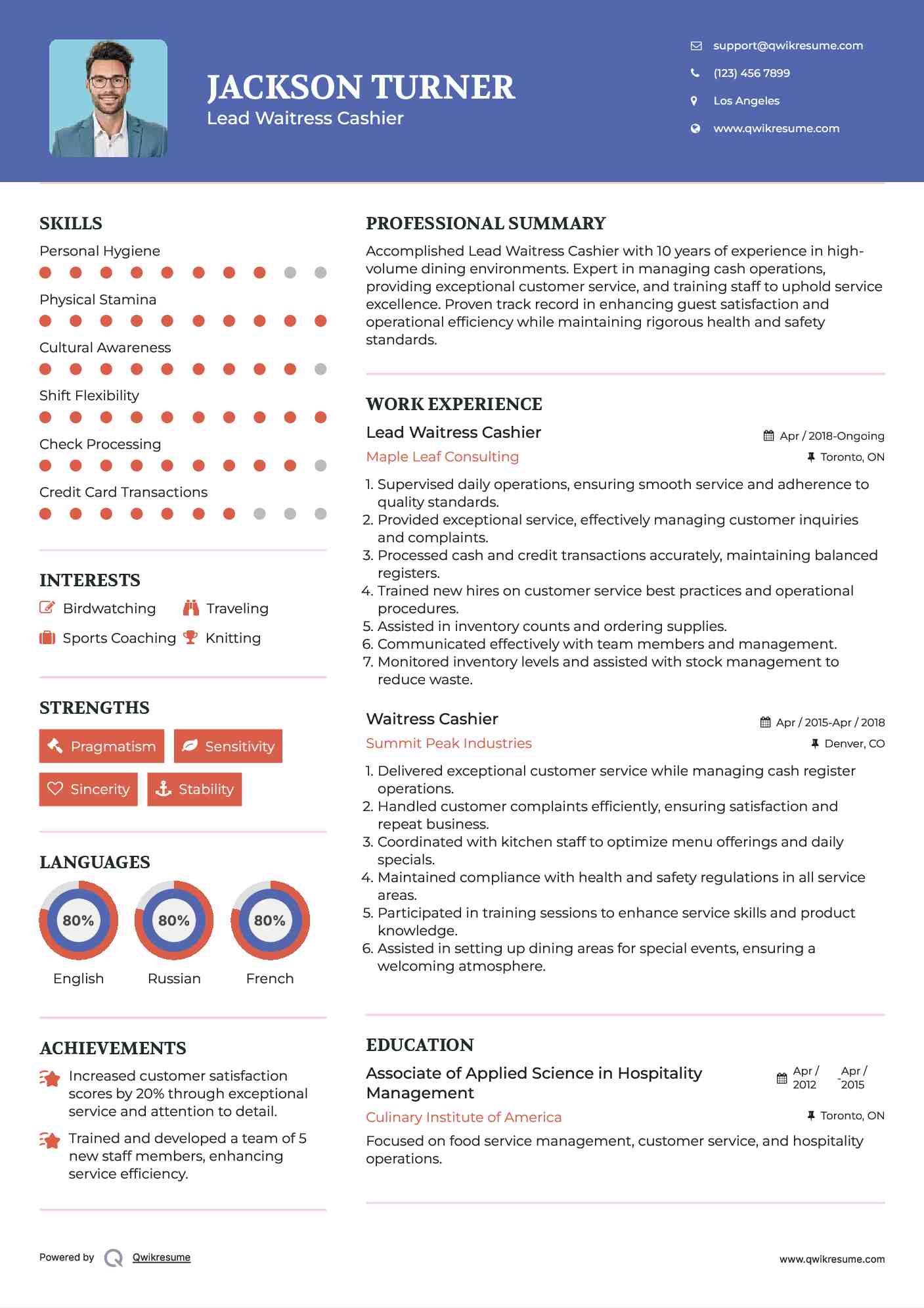 Lead Waitress Cashier Resume Format