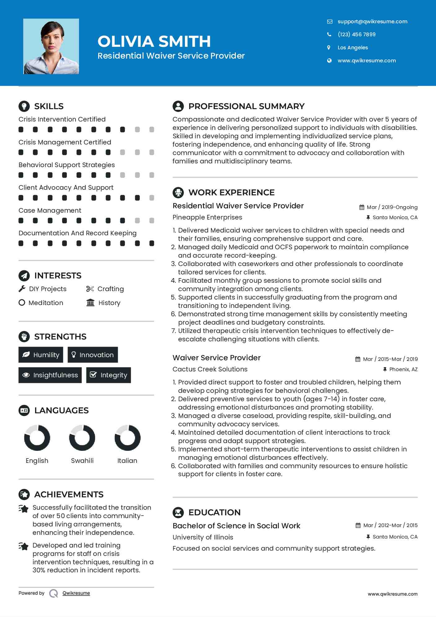 Residential Waiver Service Provider Resume Model