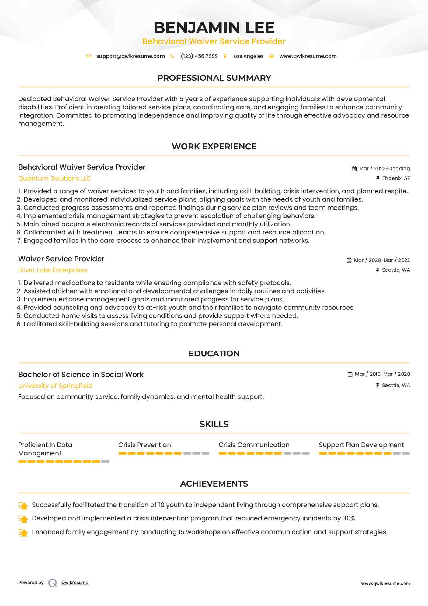 Behavioral Waiver Service Provider Resume Model