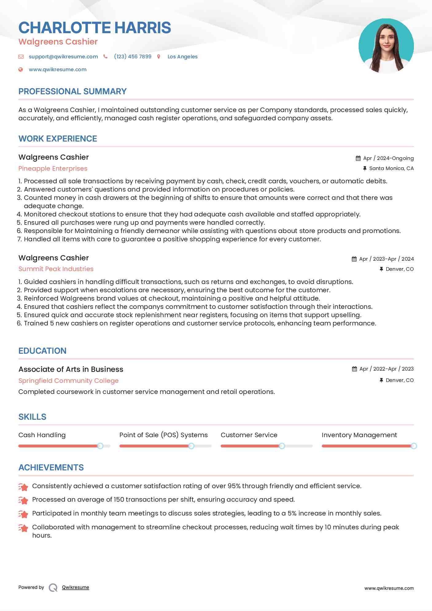 Walgreens Cashier Resume Format