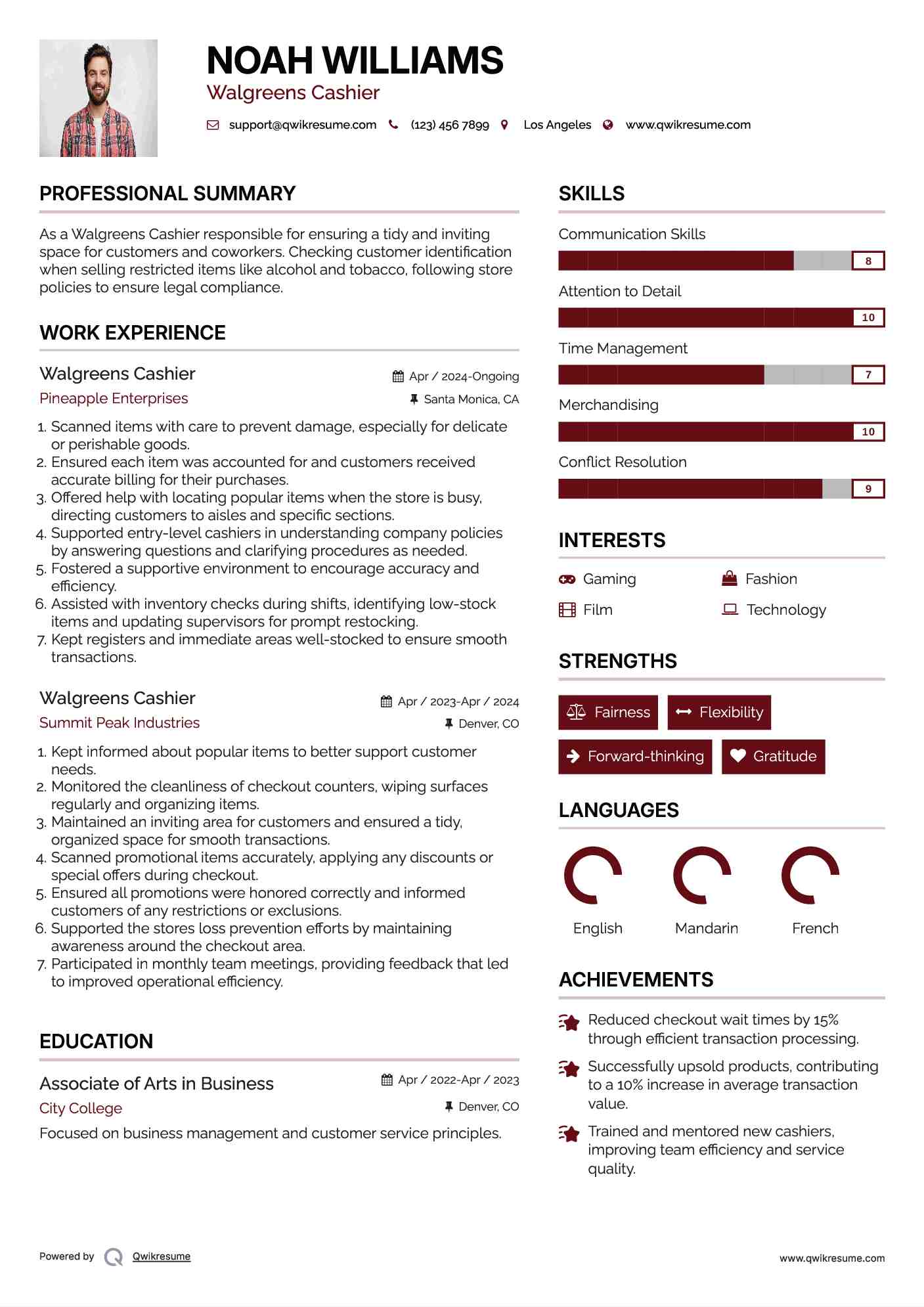 Walgreens Cashier Resume Example
