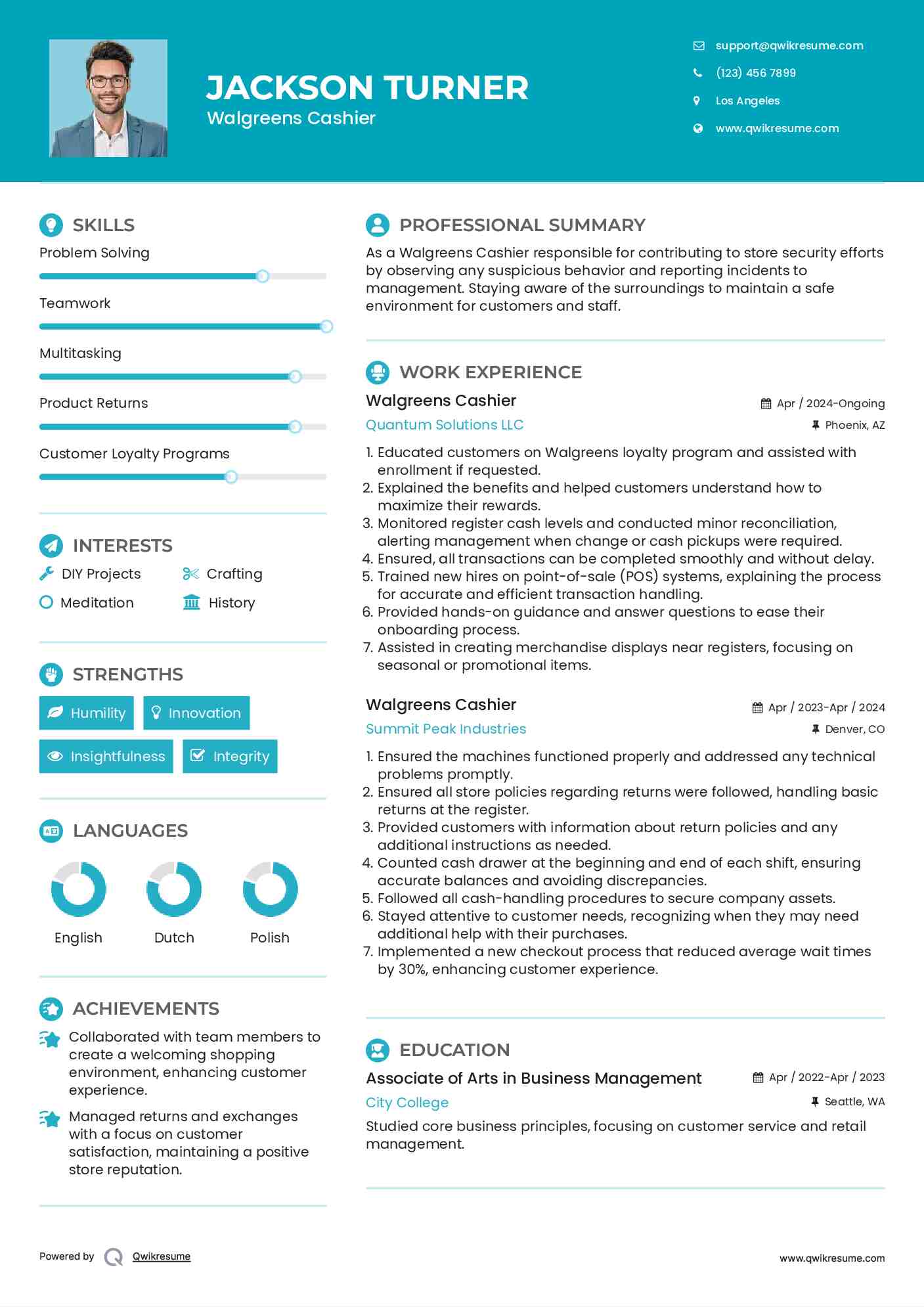 Walgreens Cashier Resume Sample