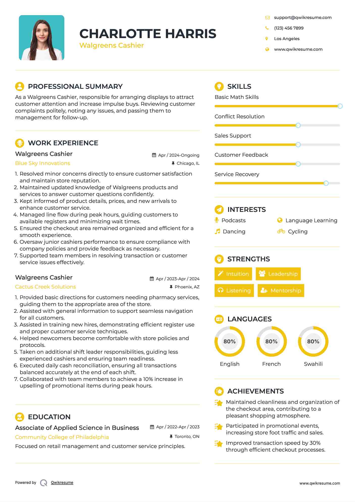 Walgreens Cashier Resume Example