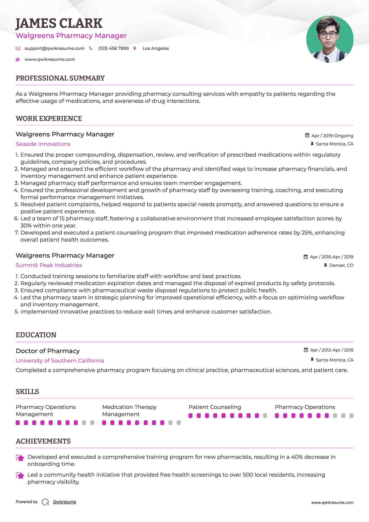 Walgreens Pharmacy Manager Resume Model