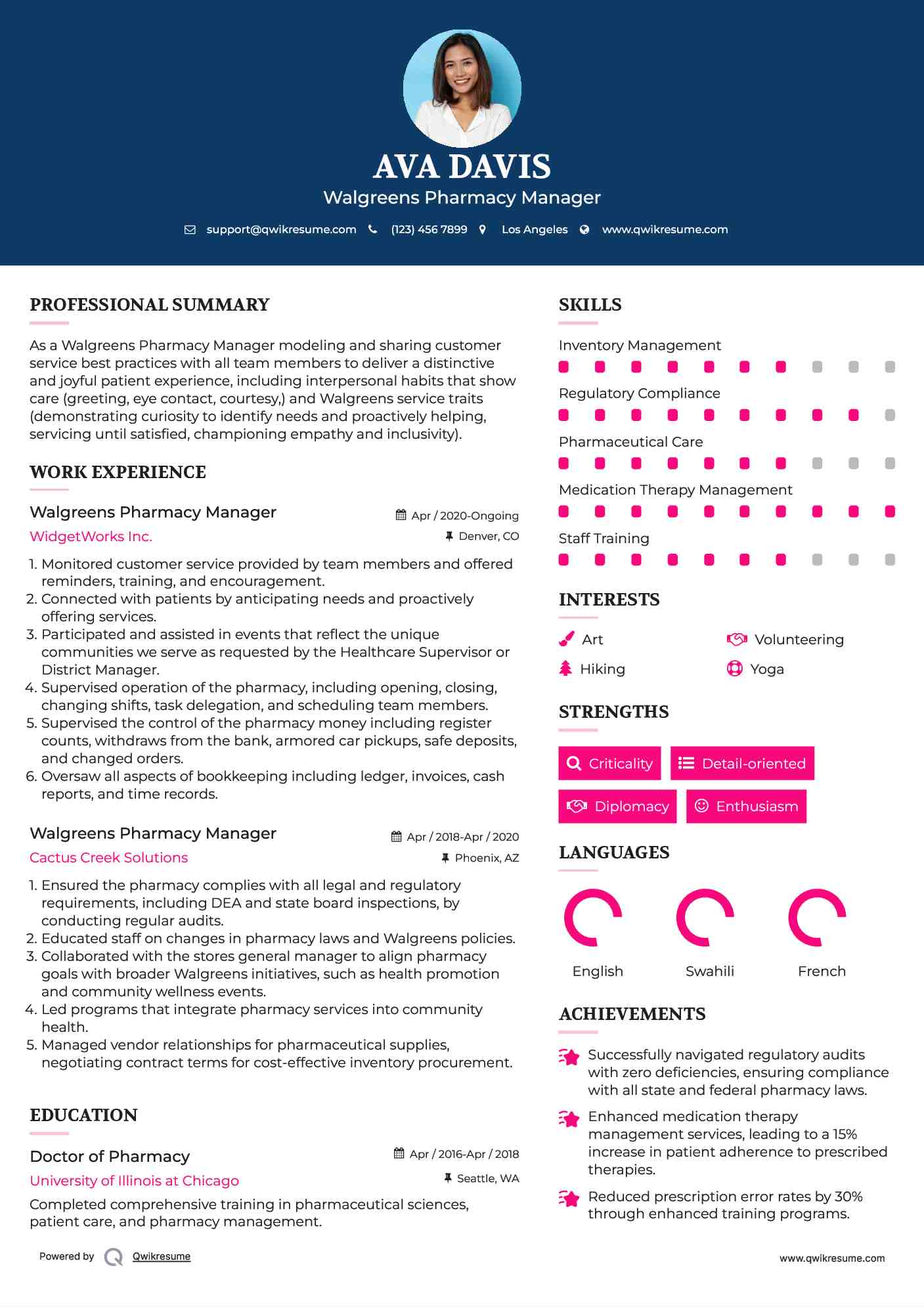 Walgreens Pharmacy Manager Resume Example