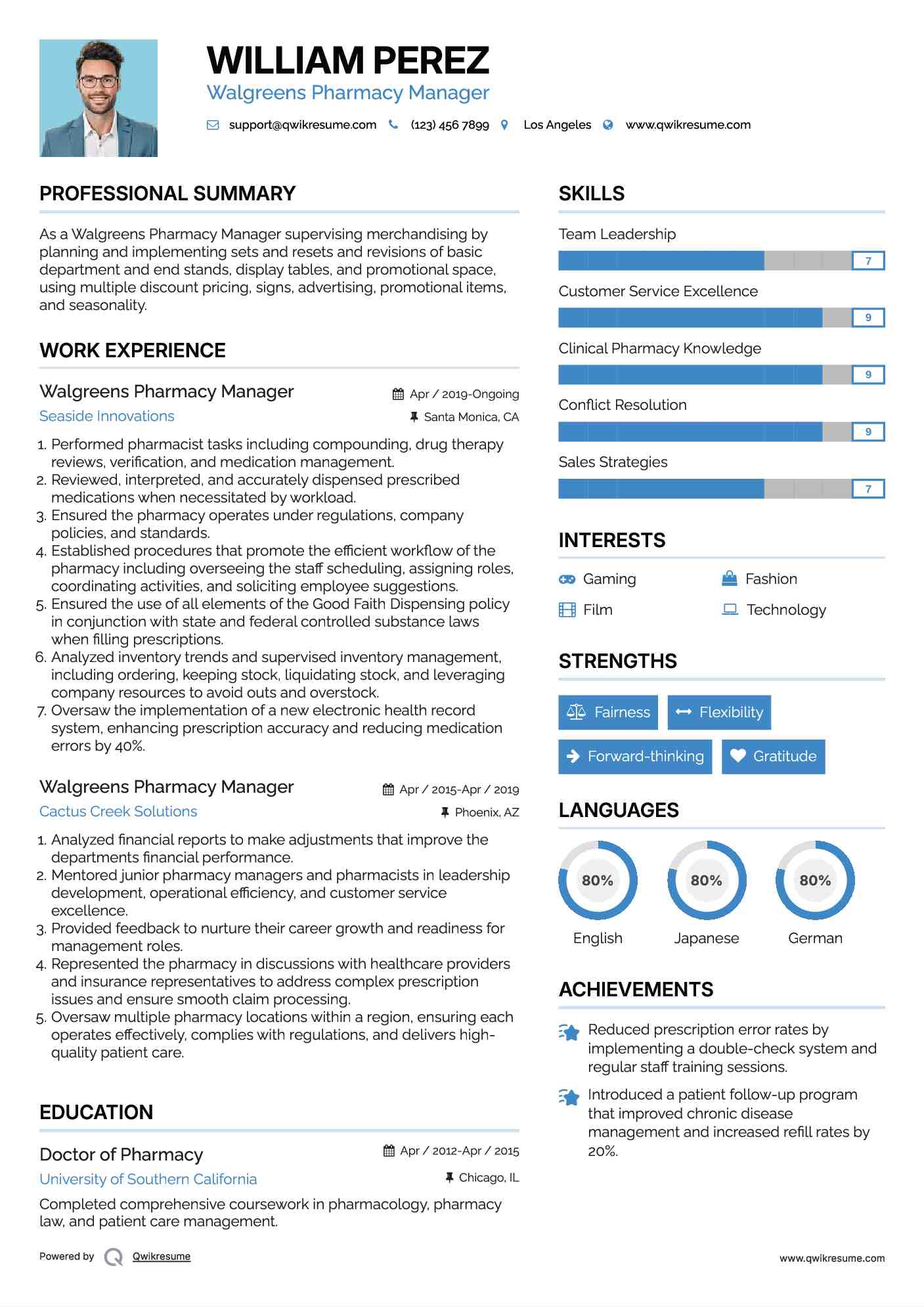Walgreens Pharmacy Manager Resume Model