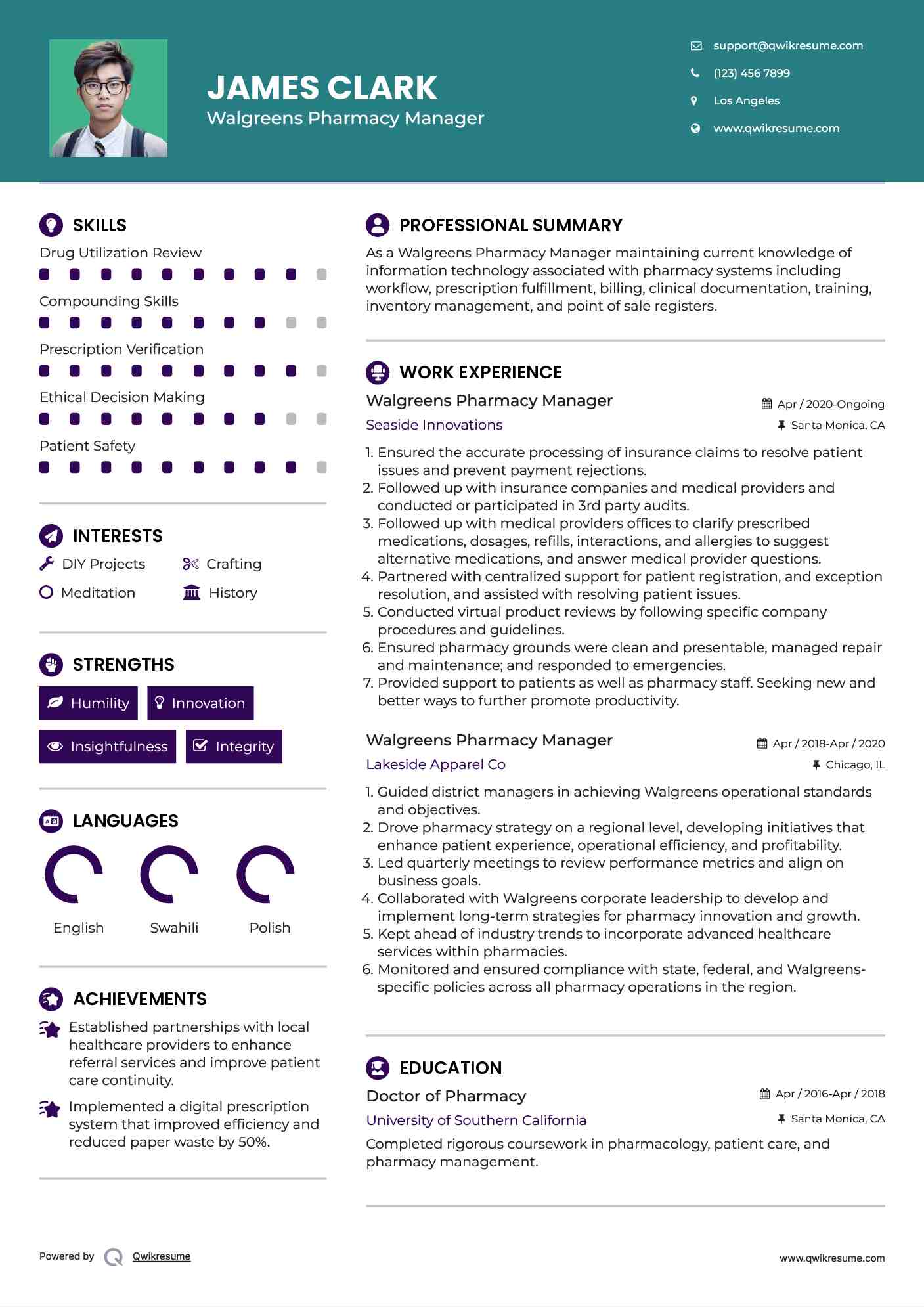 Walgreens Pharmacy Manager Resume Template