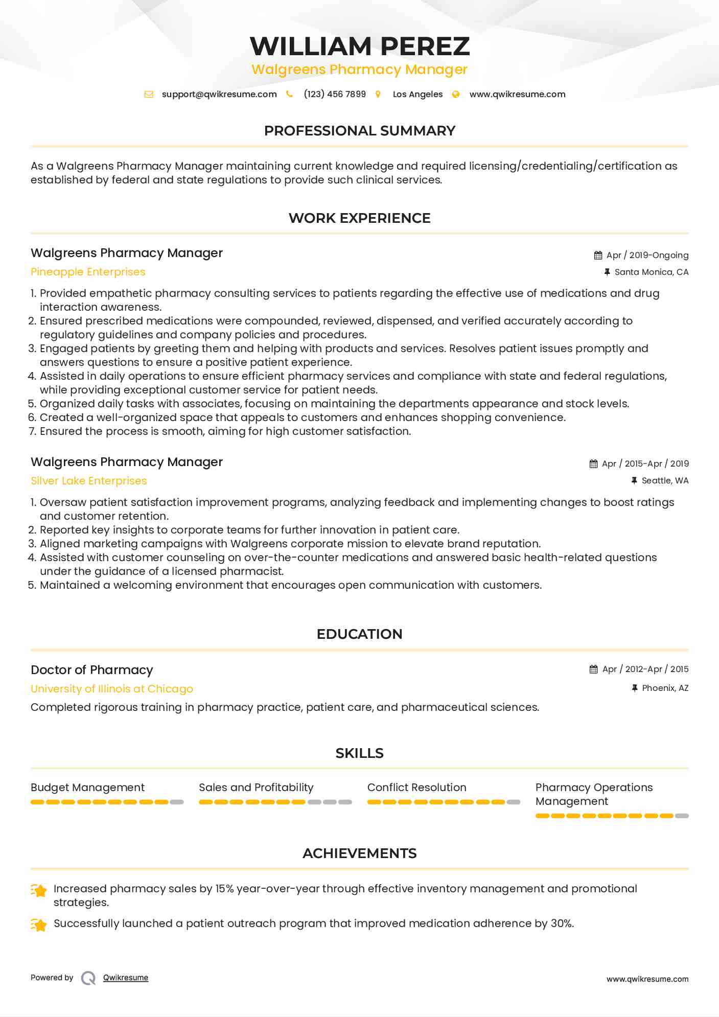 Walgreens Pharmacy Manager Resume Example