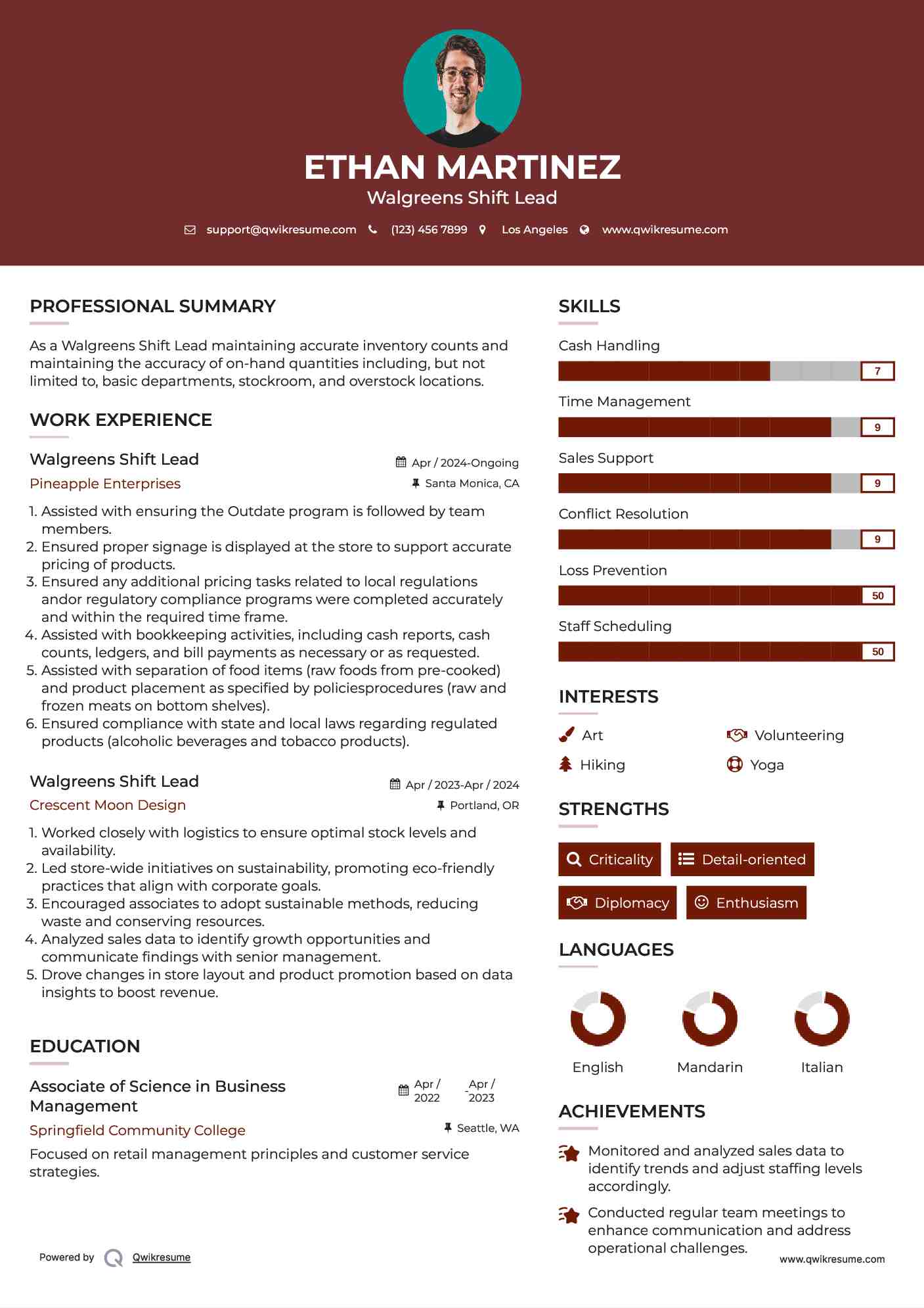 Walgreens Shift Lead Resume Sample