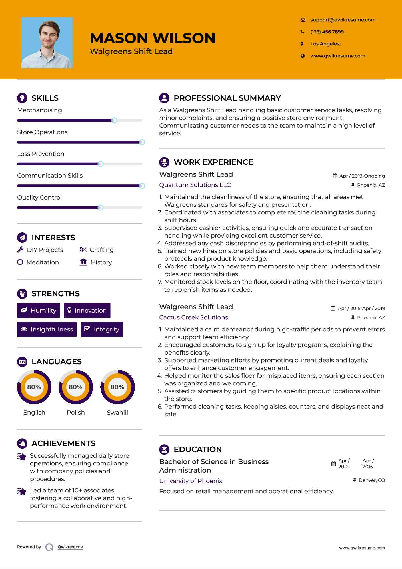 Walgreens Shift Lead Resume Example