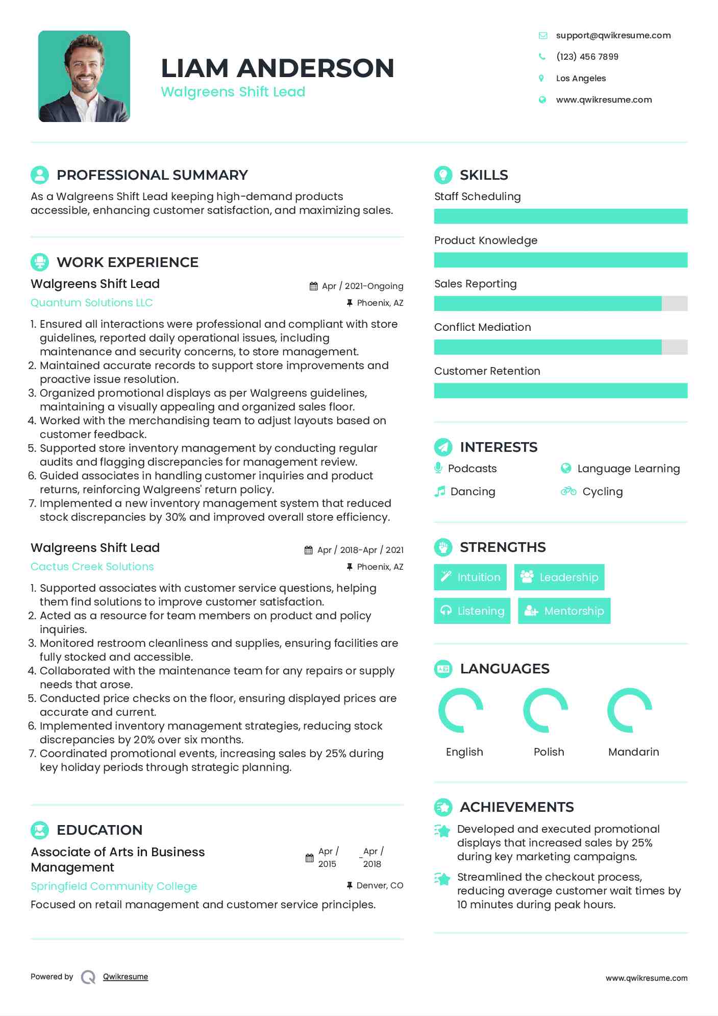 Walgreens Shift Lead Resume Model