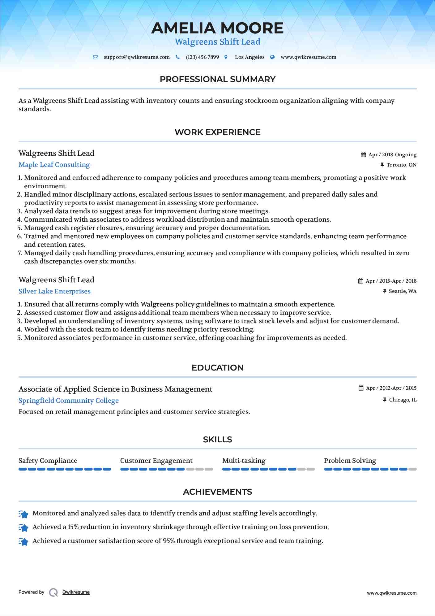 Walgreens Shift Lead Resume Example