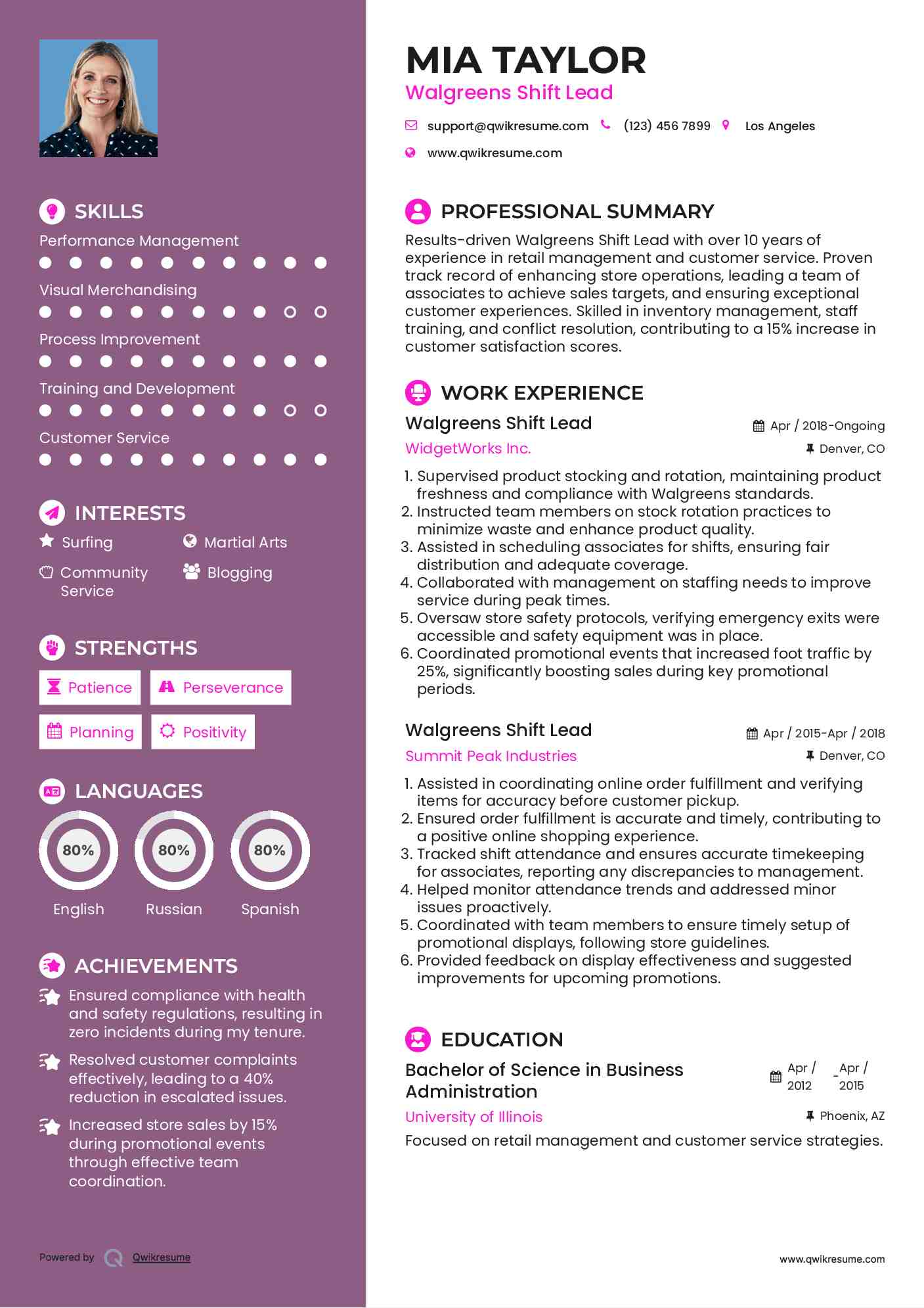 Walgreens Shift Lead Resume Example