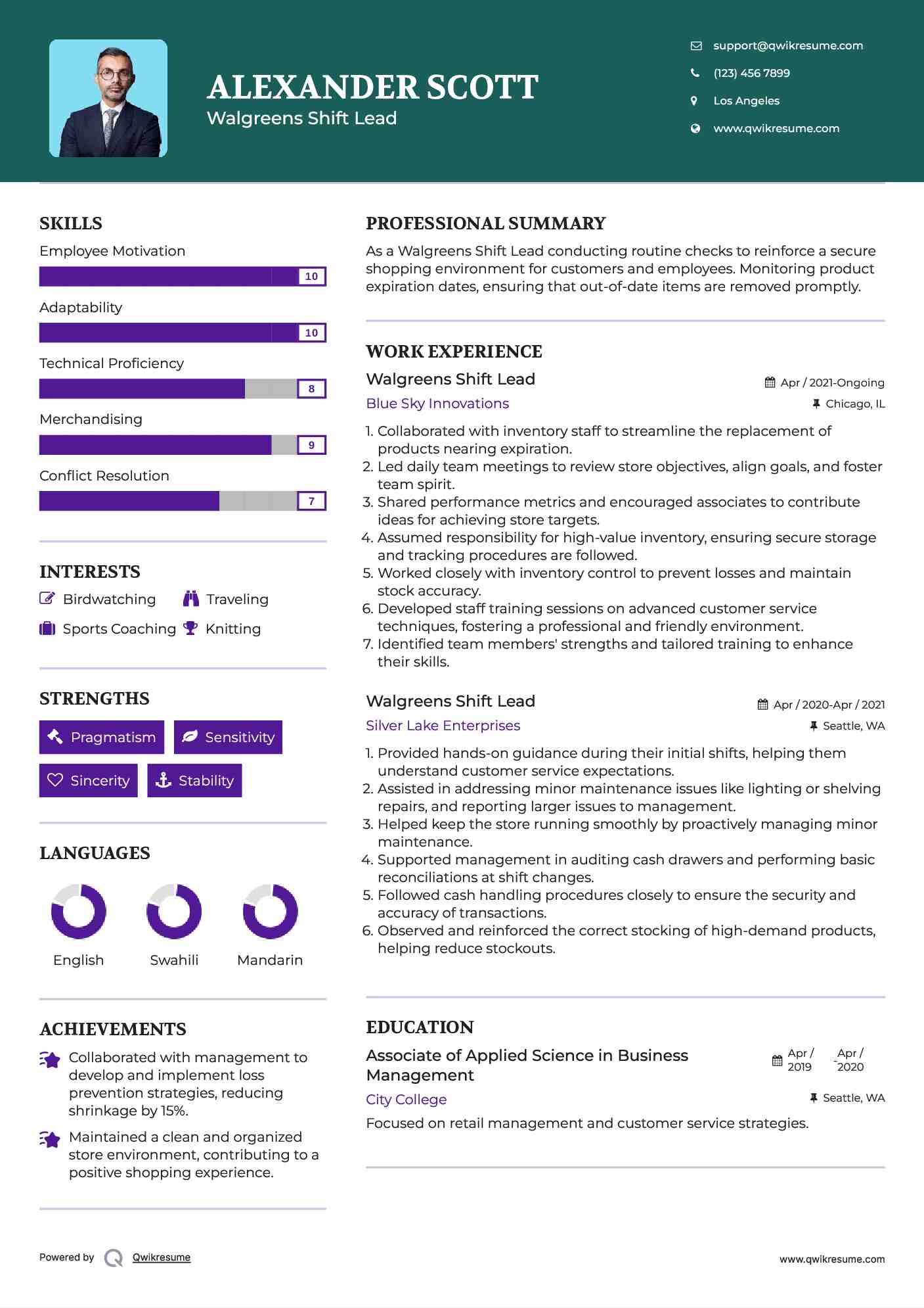 Walgreens Shift Lead Resume Example