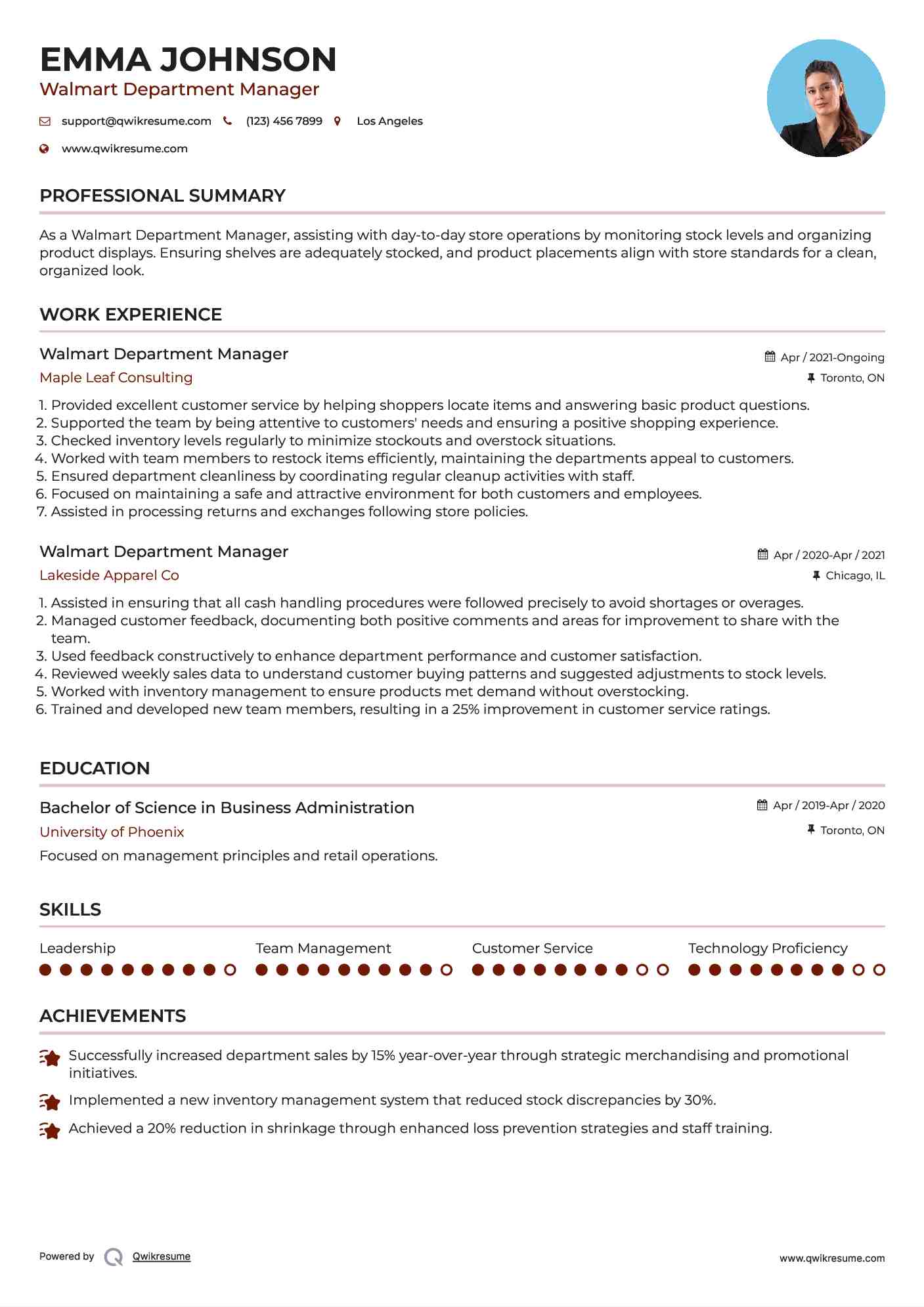 Walmart Department Manager Resume Model