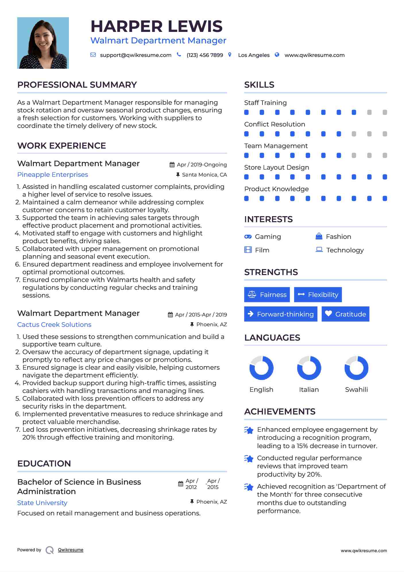 Walmart Department Manager Resume Template