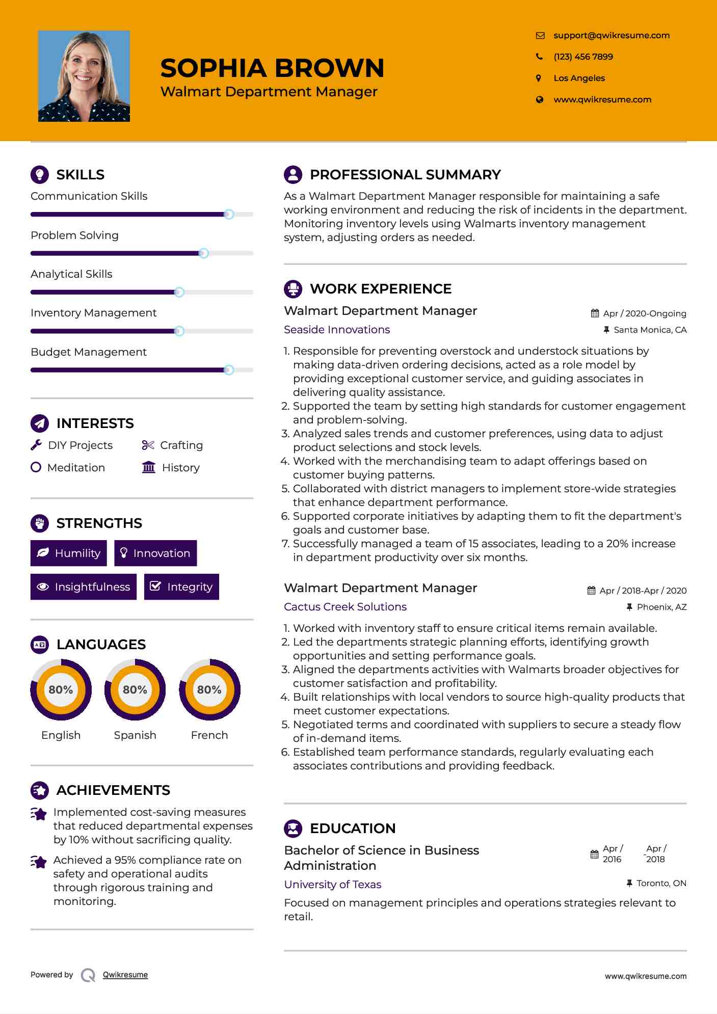 Walmart Department Manager Resume Example