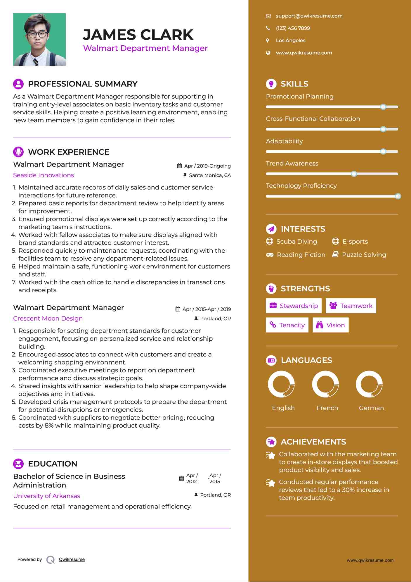 Walmart Department Manager Resume Example