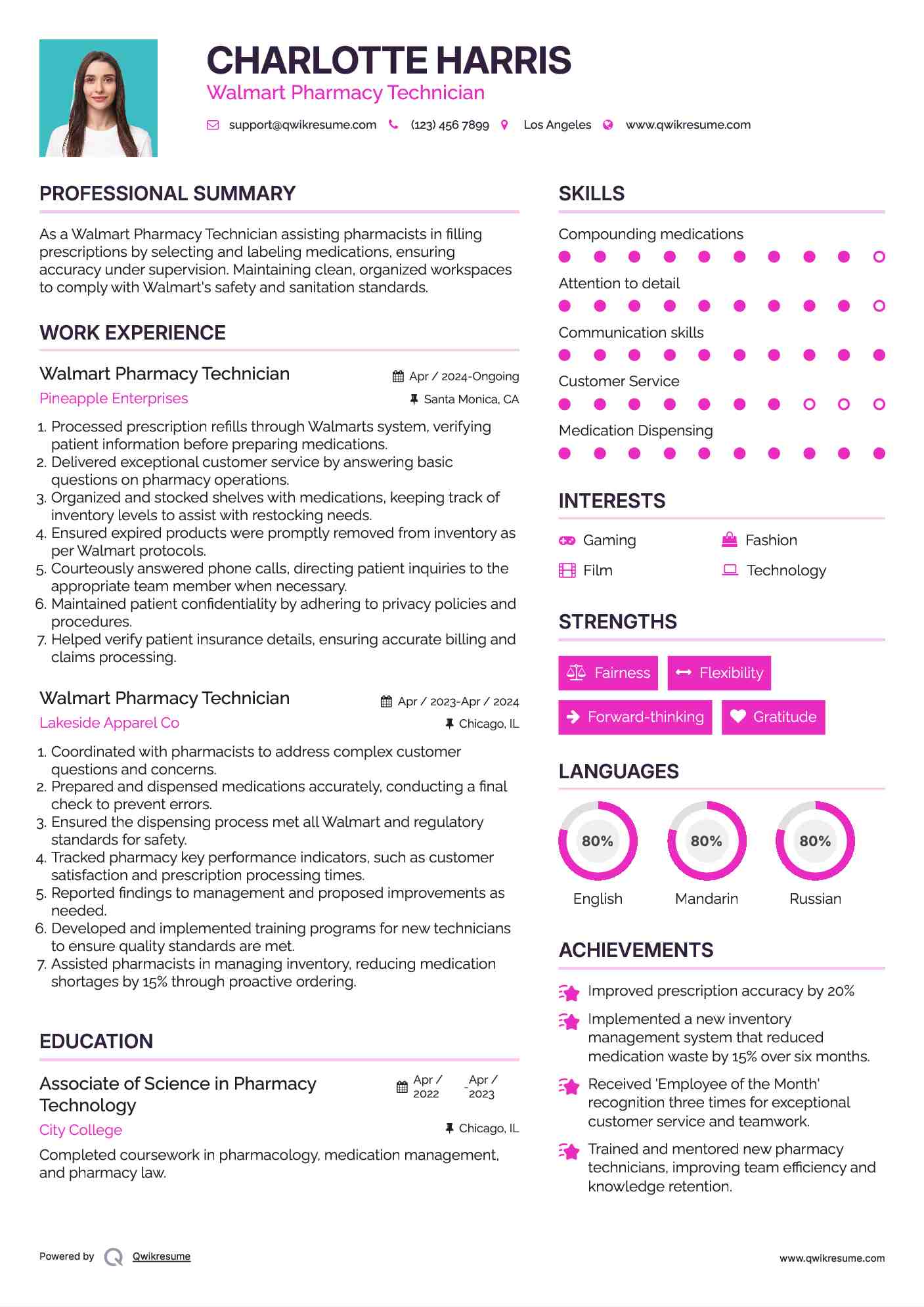 Walmart Pharmacy Technician Resume Model